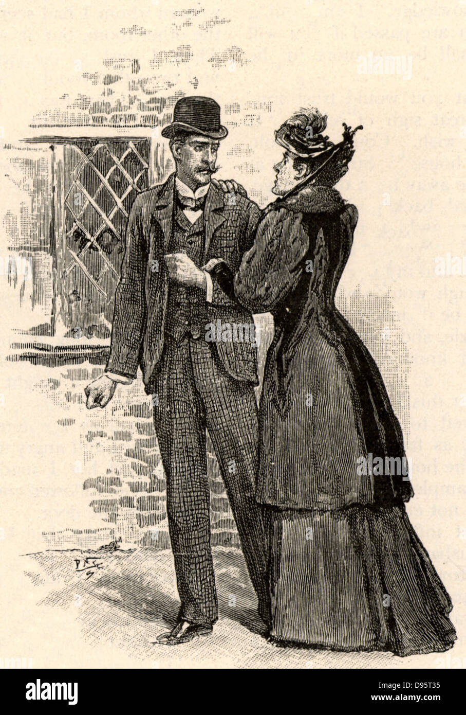 The Adventure of the Yellow Face'. Effie Grant Munro pleading with her husband, Jack, to trust her in spite of her suspicious behaviour. From 'The Adventures of Sherlock Holmes' by Conan Doyle from 'The Strand Magazine' (London, 1893). Illustration by Sidney E Paget, the first artist to draw Sherlock Holmes.  Engraving. Stock Photo