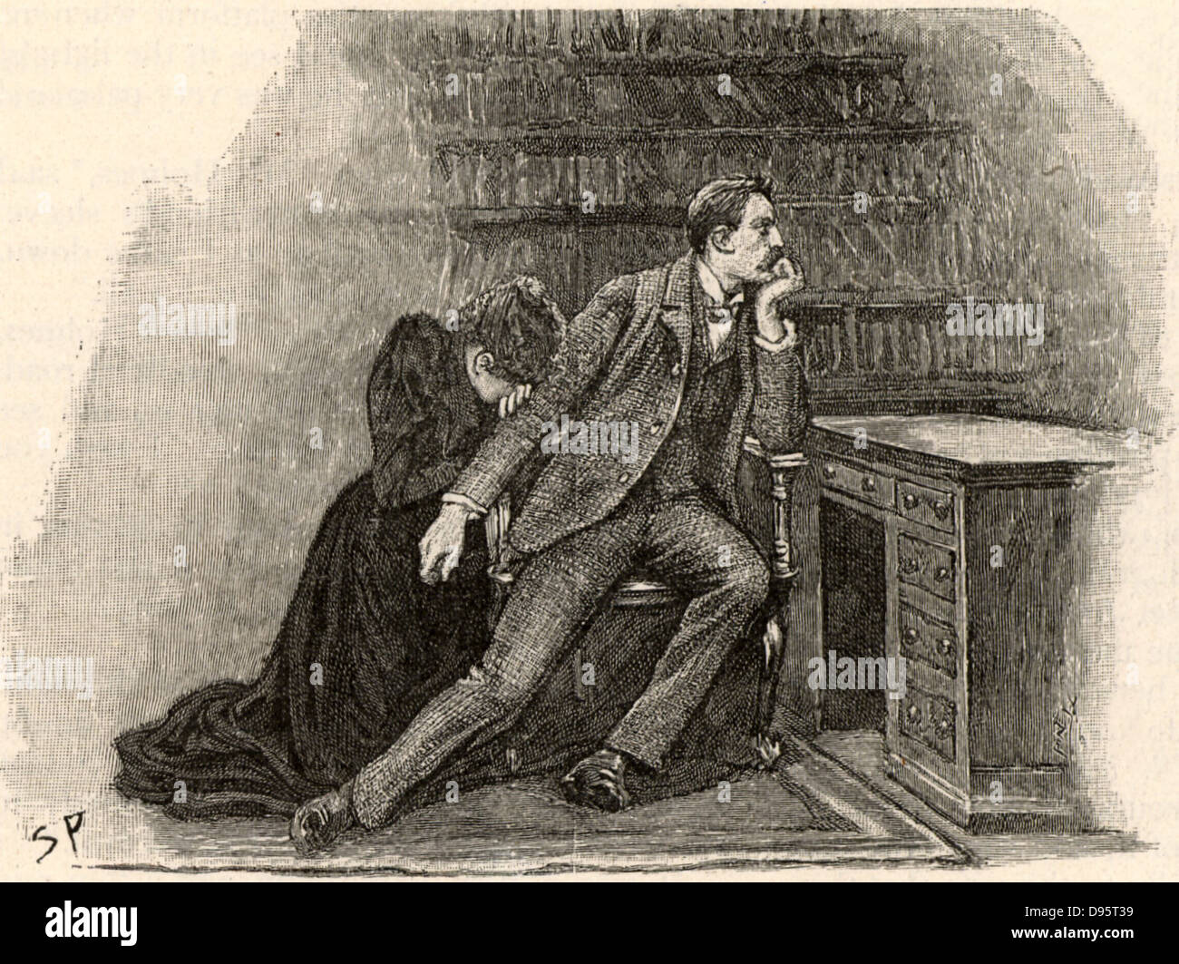 The Adventure of the Yellow Face'. Jack Grant Munro rejecting his wife because she will not disclose the secret behind her suspicious behaviour.  From 'The Adventures of Sherlock Holmes' by Conan Doyle from 'The Strand Magazine' (London, 1893). Illustration by Sidney E Paget, the first artist to draw Sherlock Holmes.  Engraving. Stock Photo