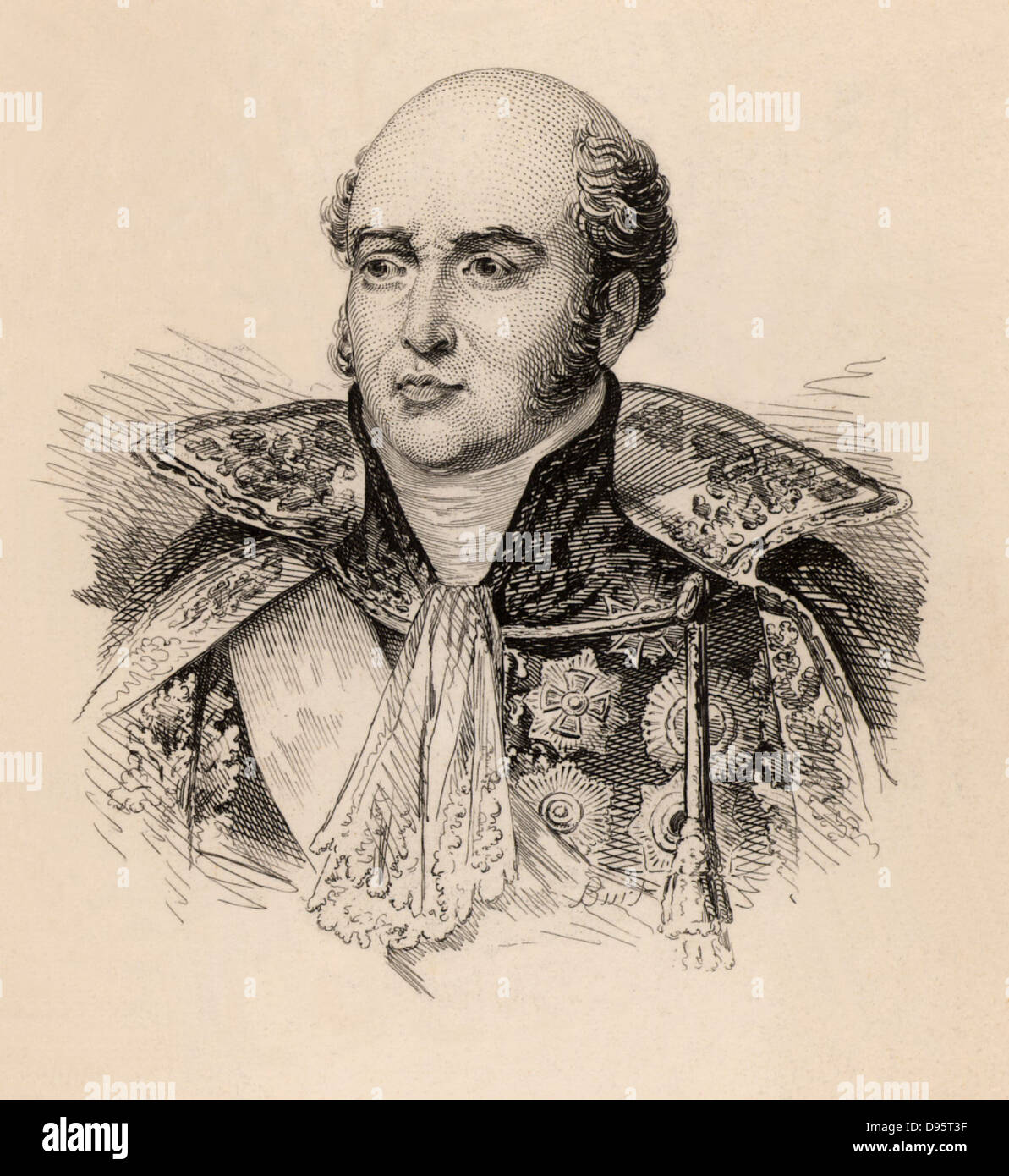 Louis Nicolas Davout or Davoust (1770-1823) Prince of Eckmul (1811) French soldier, educated at military academy with Napoleon Bonaparte; Marshal of France 1804. Served at Aboukir (1799) and through to the Russian campaign of 1812-1813. Engraving. Stock Photo