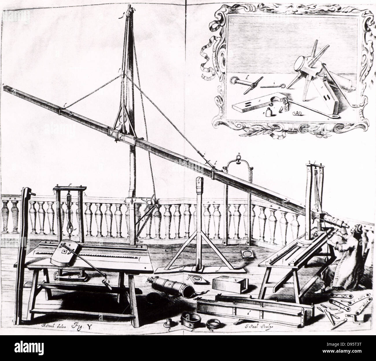 Hevelius observing with a wooden-tubed refracting telescope some 30 feet (9.144m).  The block-and-tackle and rope mounting was not inconvenient. From 'Selenographia' by Johannes Hevelius (Gedani, Gdansk. Danzig,  1647).   Engraving. Stock Photo