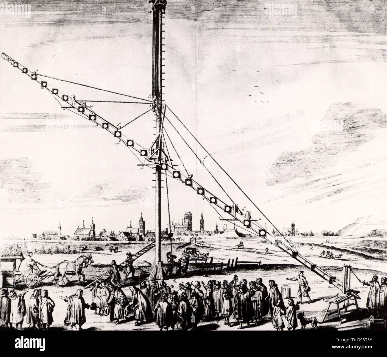 Hevelius's 150-ft  (16.240m) telescope being erected at Gdansk.  From 'Selenographia' by Johannes Hevelius (Gedani, Gdansk, Danzig,  1647).   Engraving. Stock Photo