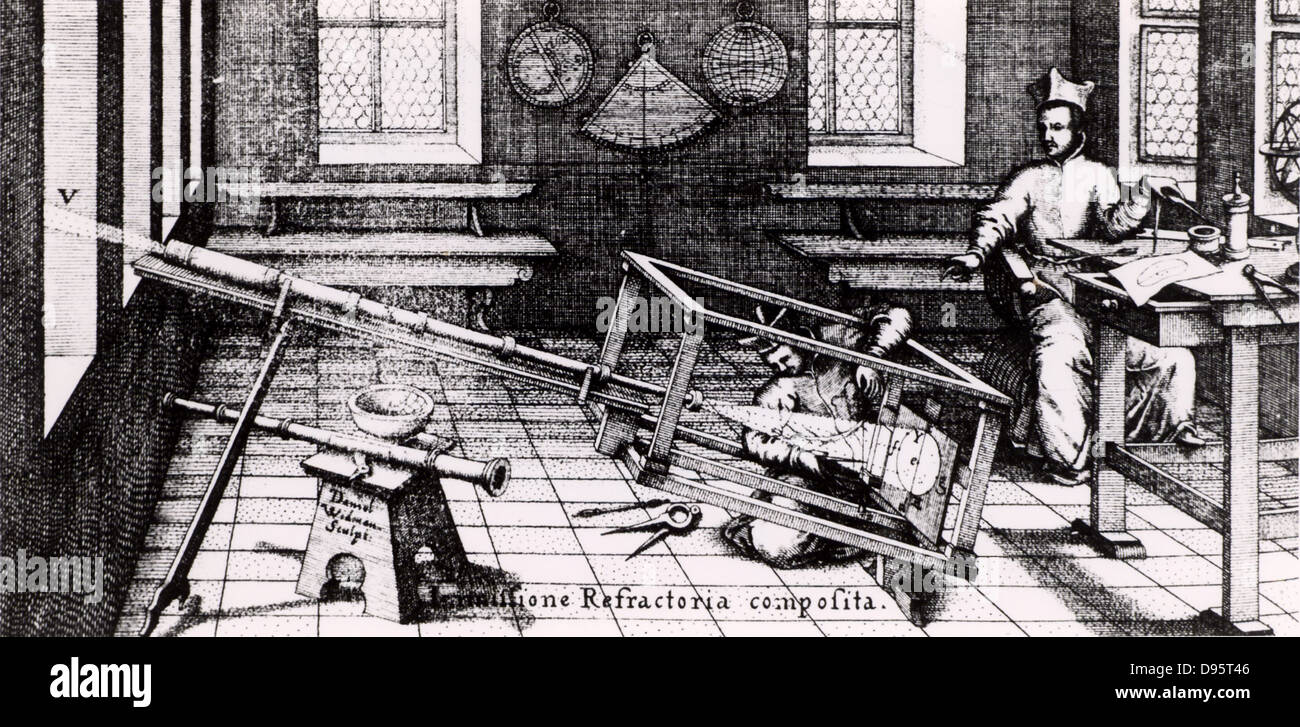 Projecting the image of the Sun through a refracting telescope on to a screen in order to study sunpots.   From 'Rosa Ursina' by Christoph Scheiner (Bracciano, 1630). Engraving. Stock Photo