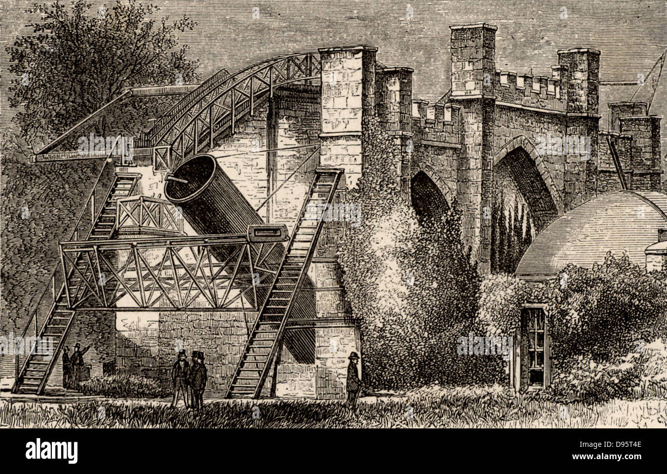 Lord Rosse's great 72-inch (1.828m) diameter reflecting telescope of 1845, called the Leviathan of Parsonstown.  Mounted between two brick walls, it could move only in a north-south direction.  The Earth's rotation provided movement in an east-west direction.  Engraving from 'Astronomie Populaire' by Camille Flammarion (Paris, 1881). William Parsons, 3rd Earl of Rosse (1800-1867). Stock Photo