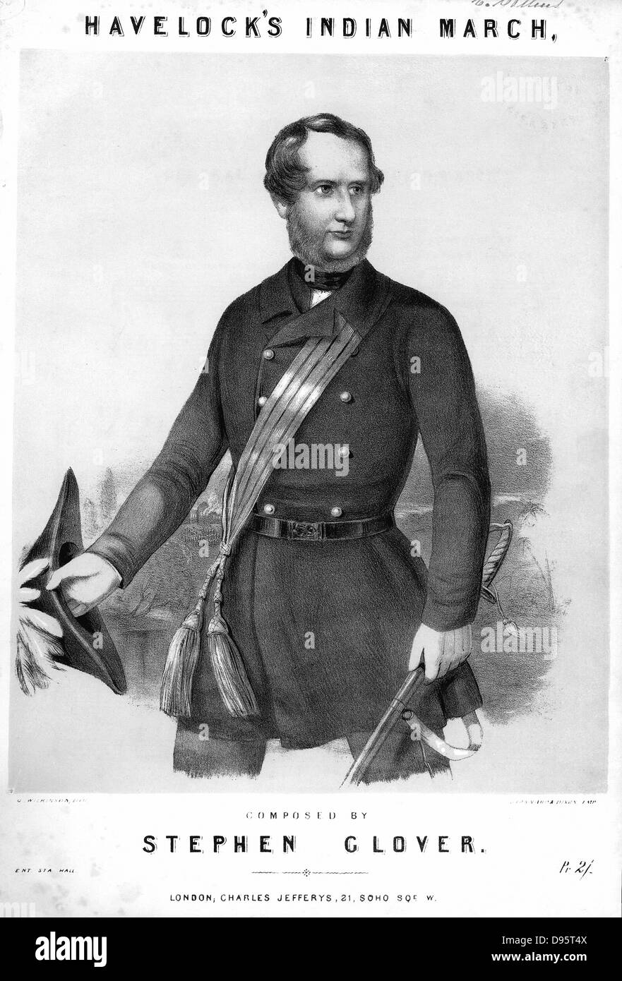 Henry Havelock (1795-1857) British soldier, Major-General 1857. During Indian Mutiny (1857-1859) took part in both reliefs of Lucknow, Sept and November 1857. Died of dysentery. Tinted lithograph from cover of 'General Havelock's Indian March' composed by Stephen Glover c1857 . Stock Photo