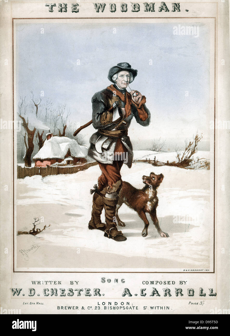 The Woodman' setting off to work in snowy landscape, axe under arm and billhook tucked in belt, with pipe for comfort and dog for company. Coloured lithograph from cover of song with lyrics by WD Chester, composer A Carroll Stock Photo