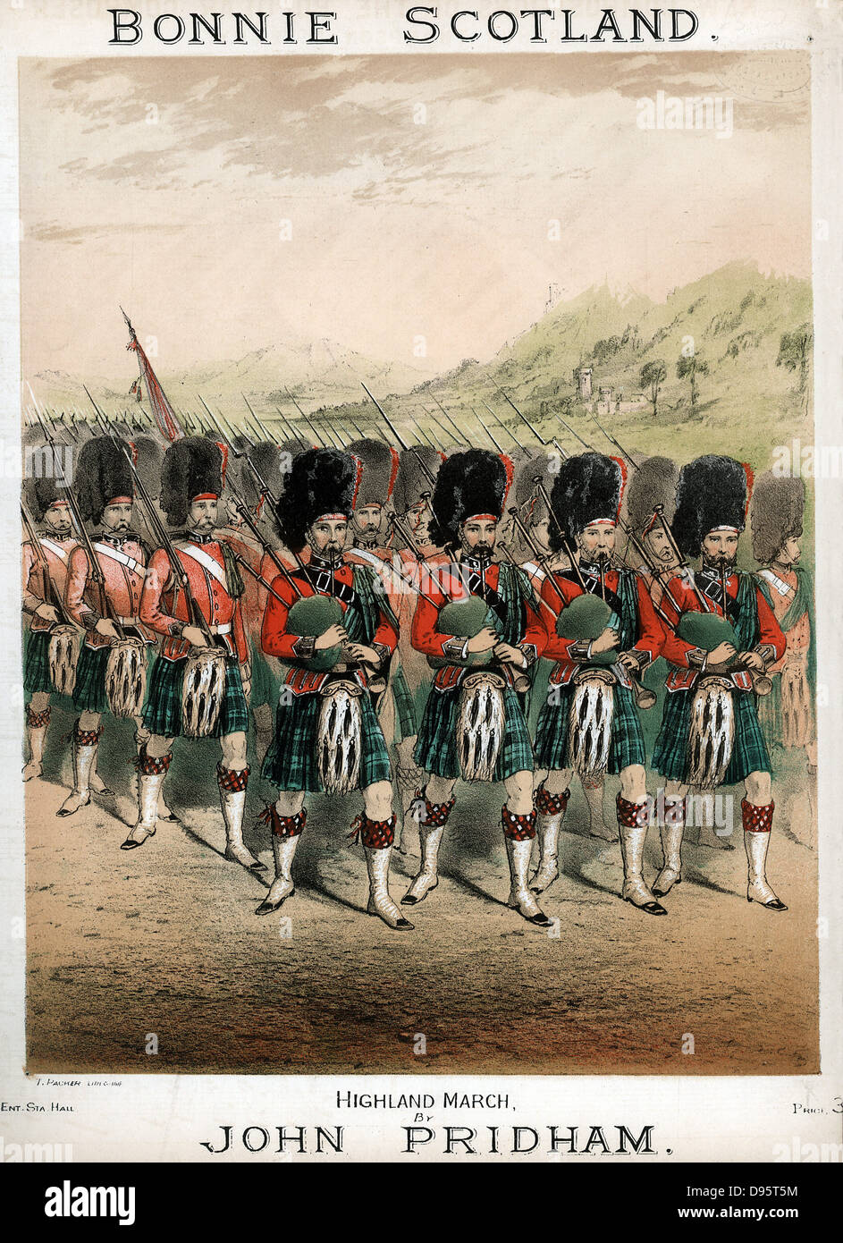 Pipers leading a march; kilted Highland Footguards wearing Busbies and Sporrans. Coloured lithograph from cover of 'Bonnie Scotland' Highland march; composer John Pridham, c1860 Stock Photo