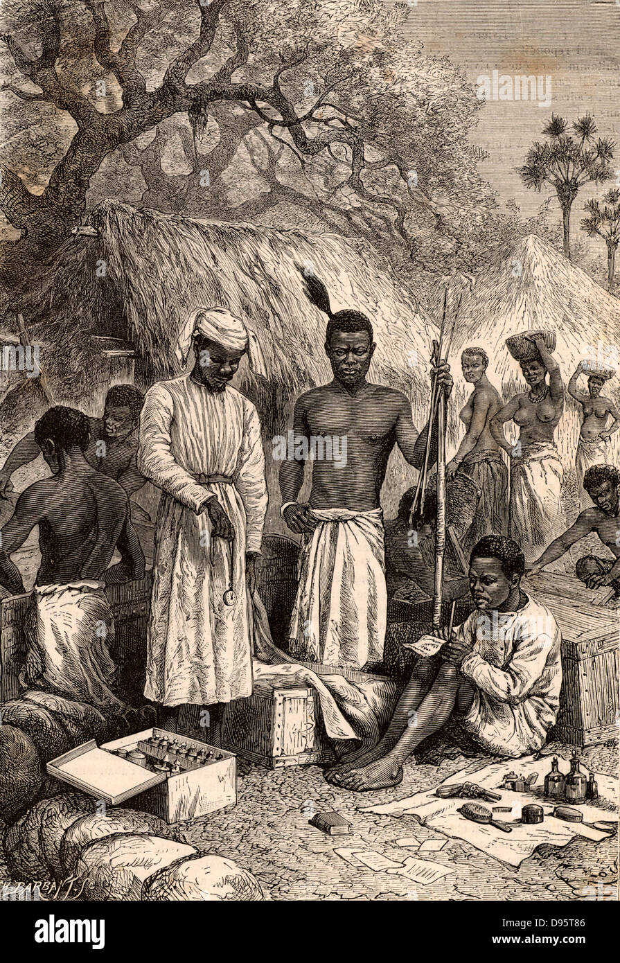 The African attendants of David Livingstone (1813-1873) Scottish missionary and explorer of Africa.  Livingstone's African attendants Souzi, Chouma and Jacob Wainwright, making an inventory of his possessions after his death.  Engraving from 'Le Journal de la Jeunesse' (Paris, c1877). Stock Photo