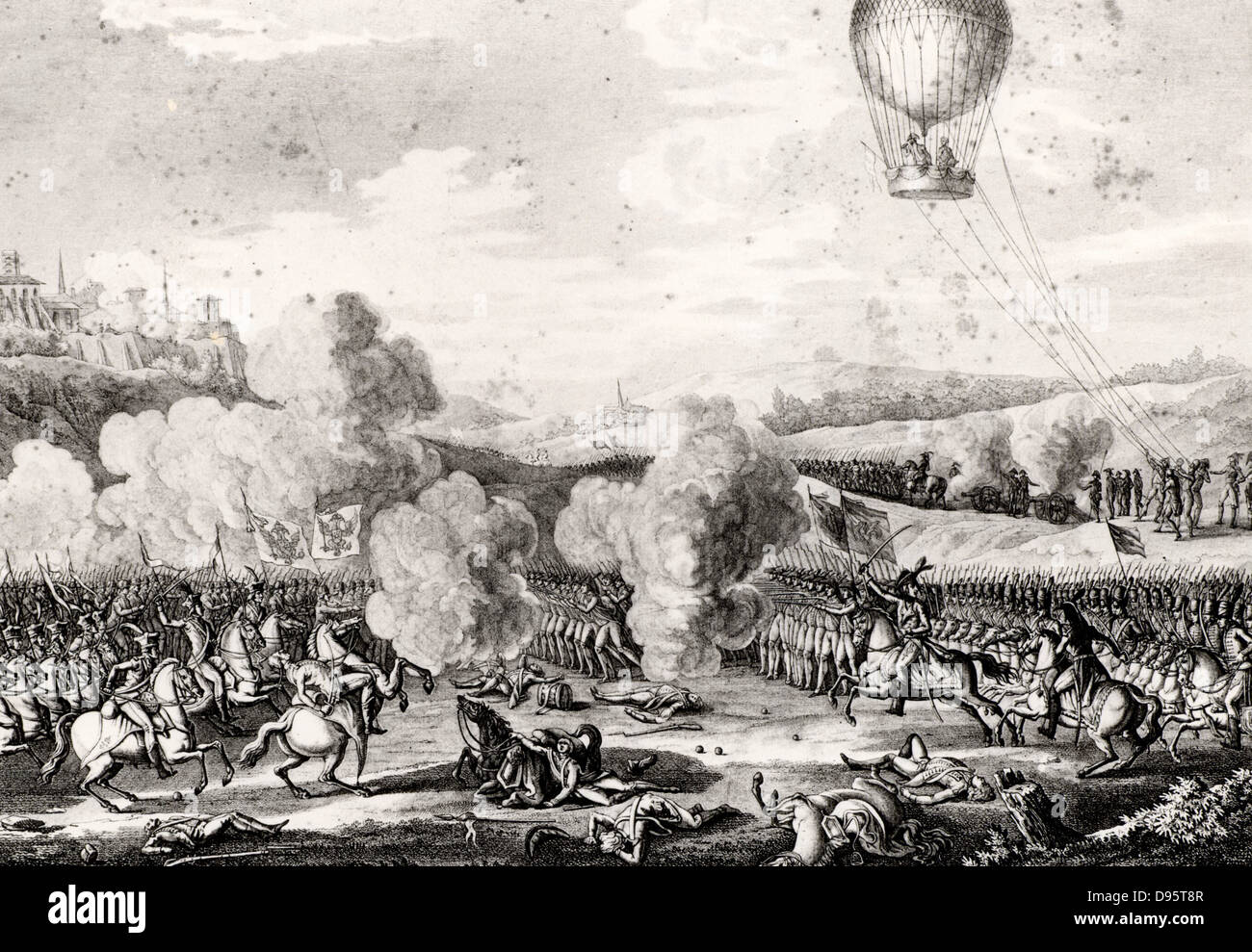 Battle of Fleurus 26 June 1794. French Revolutionary Wars. French defeat of the Austrians, Dutch, and their allies. The first use of a hot air balloon for aerial observation during a battle.  French captive balloon 'La Entreprenant' on right. From contemporary copperplate engraving. Stock Photo