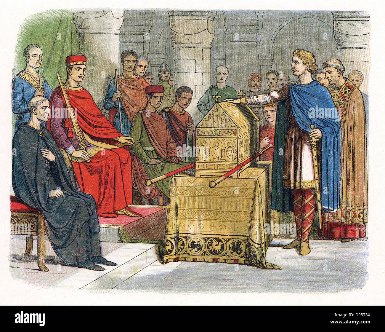 Harold II (c1020-1066) last Anglo-Saxon king of England (1066): Harold swearing an oath on sacred relics (c1064) before William of Normandy to support his claim to the English throne on death of Edward the Confessor. Harold's failure to honour this suppos Stock Photo