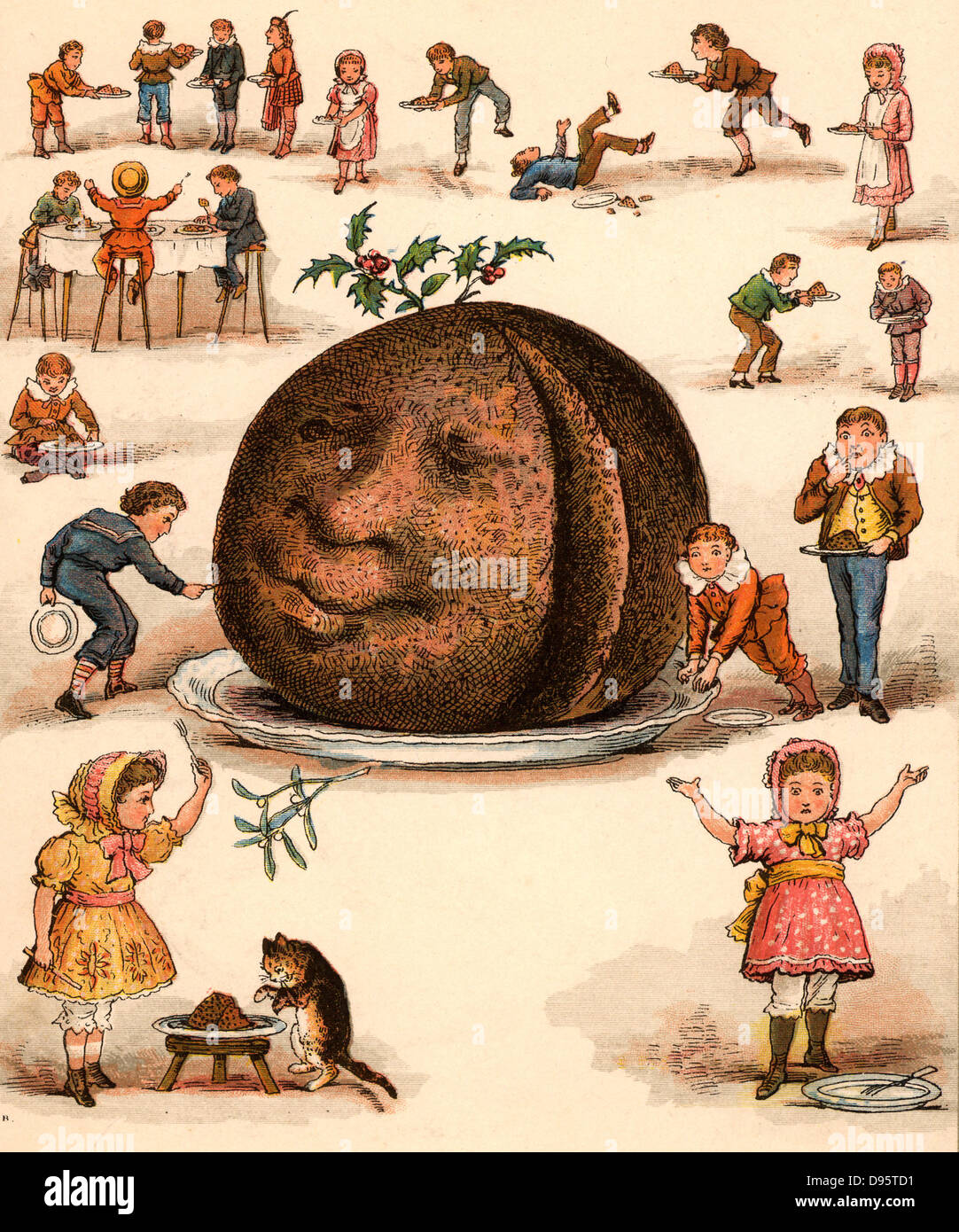 Twice Ten are Twenty,/We shall all have plenty,/Each a slice, how very nice!/Twice ten are ?'.  From 'The Merry Multiplication Table' by Irving Montague (London c1870). Chromolithograph. Stock Photo