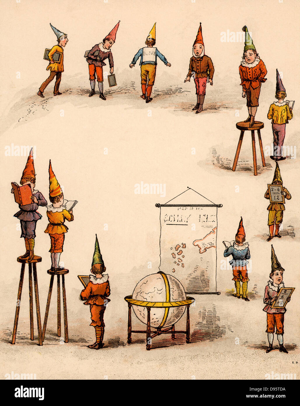 Twice Six are Twelve,/Leave dunces to themselves,/Naughty chaps, to paint their caps./Twice six are ?'.  From 'The Merry Multiplication Table' by Irving Montague (London c1870). Chromolithograph. Stock Photo