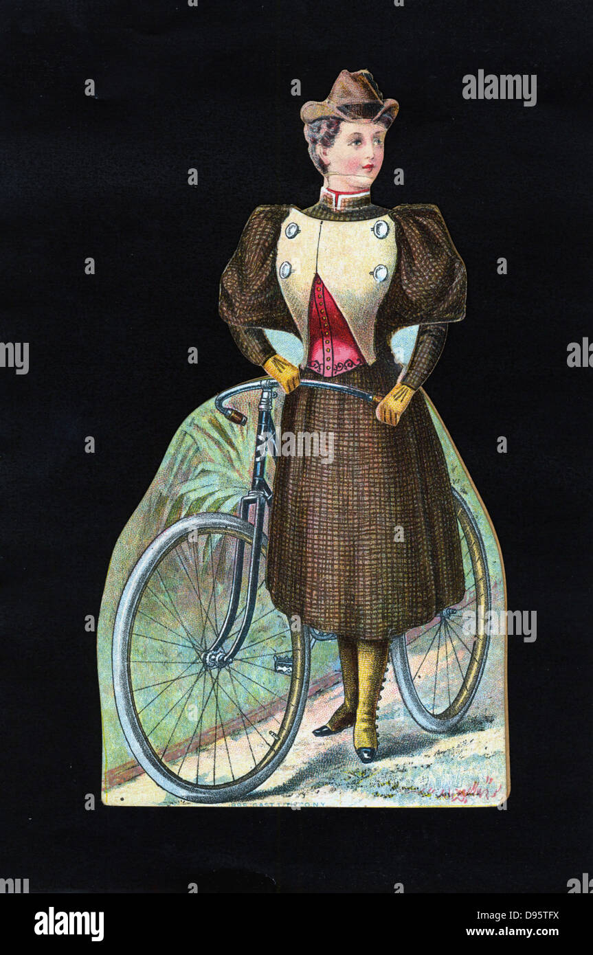 Cycling: American display card showing ladies' cycling dress c1890. Skirt worn over knickerbockers. Lithograph. Stock Photo