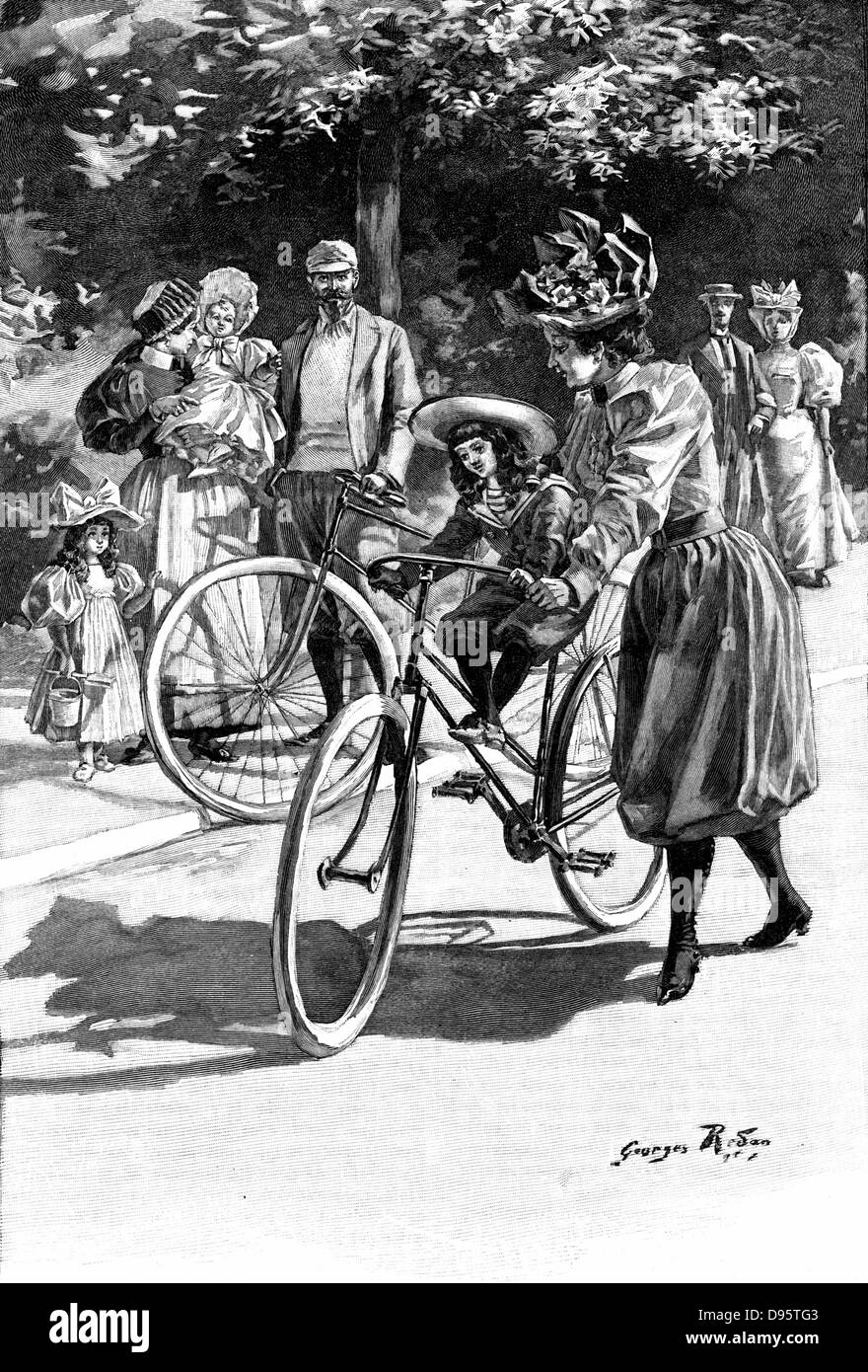 Cycling: Lady in 'Rational' cycling dress of knickerbockers and gaiters, giving small daughter a ride on the saddle. French illustration c1890. Stock Photo