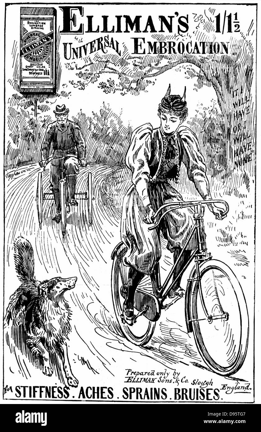 Cycling: Lady wearing 'Rational' cycling dress, riding a 'safety' bicycle with handbrake. Advertisement for Elliman's Embrocation London 1895. Stock Photo