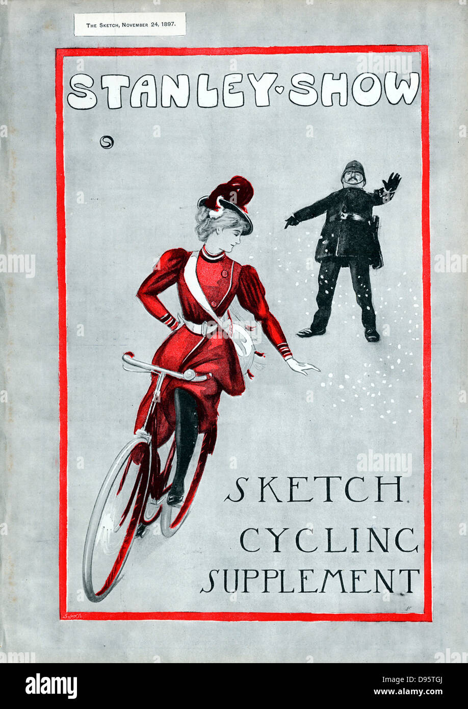 Cycling: Lady in 'Rational' cycling dress. Cover of 'The Sketch Cycling Supplement' London 14 November 1897 celebrating 21 years of the Stanley Cycling Club. Stock Photo