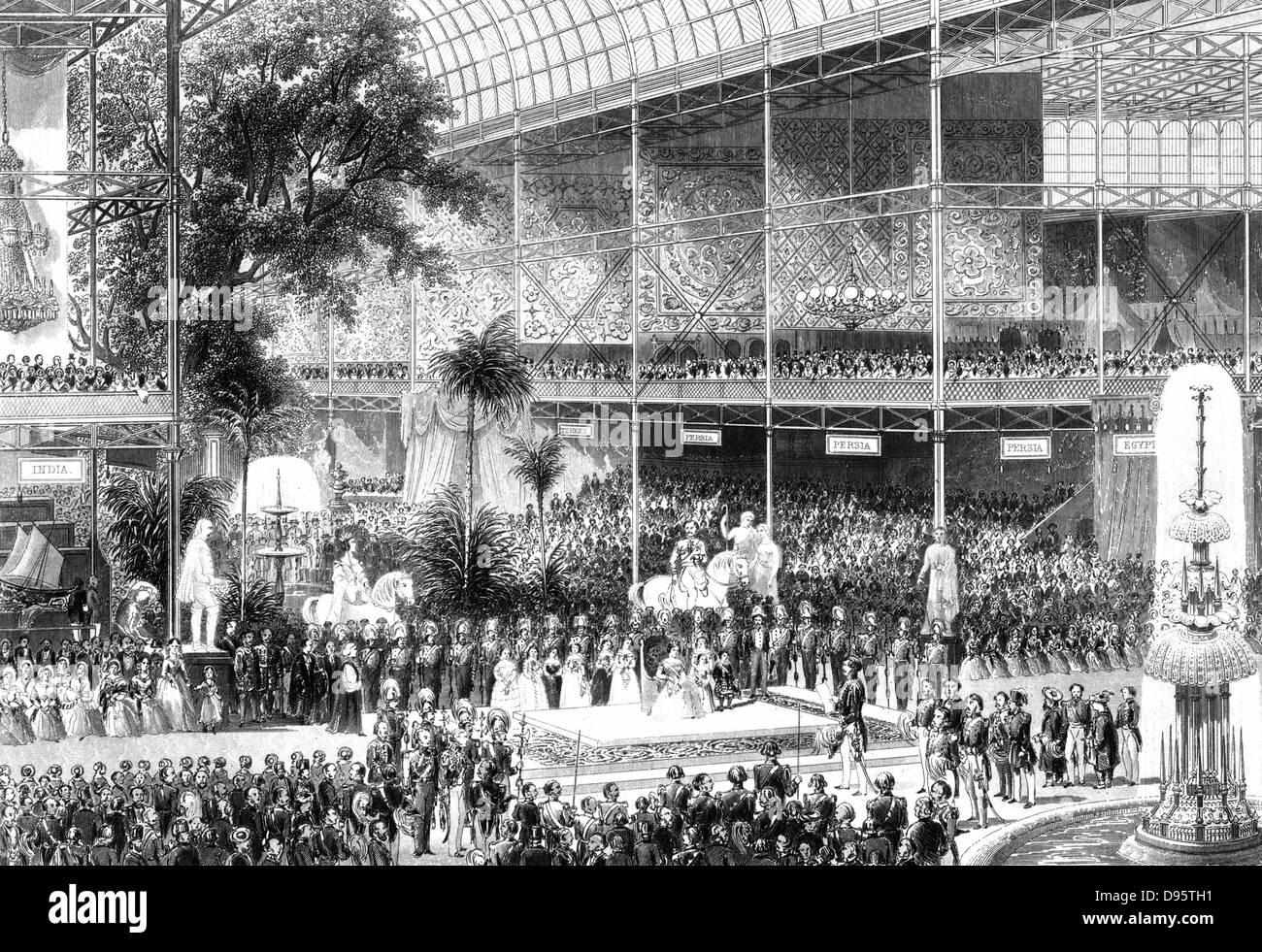 Great Exhibition, Crystal Palace, London. Queen Victoria opening exhibition 1 May 1851. Engraving. Stock Photo