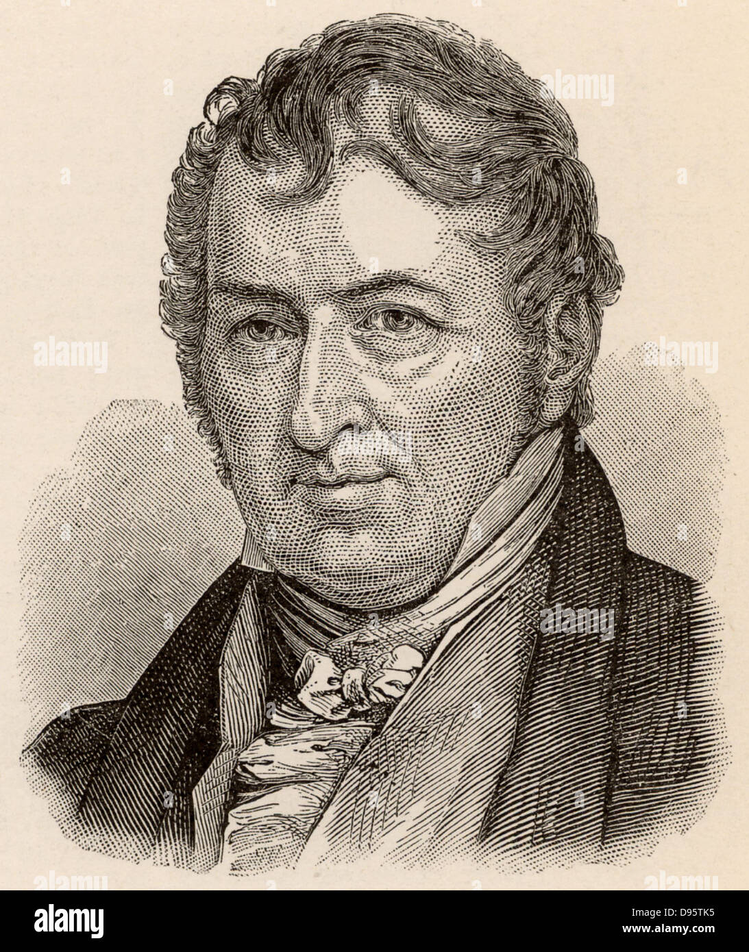 Eli Whitney (1765-1825) American inventor and manufacturer, born at Westborough, Massachusetts.  Credited with the invention of the cotton gin (1793) to separate cotton fibre from seeds and seedpods, dramatically increasing the amount of cotton that could be processed in a day and so revolutionising the American cotton growing industry.  Equally important was his introduction of interchangeable parts, an innovation which led to the growth of mass production in the nineteenth century and the production of cheap goods. Engraving. Stock Photo