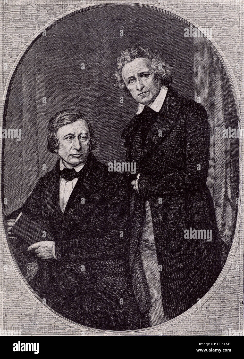 Wilhelm Carl Grimm (1786-1859) left, and Jacob Ludwig Carl Grimm (1786-1859) right, German philologists and folklorists.  The English speaking world knows them best for their fairy tales 'Kinder- und Hausmarchen' (1812-1815) published as 'German Popular Stories' (London, 1823) illustrated by George Cruikshank. Stock Photo