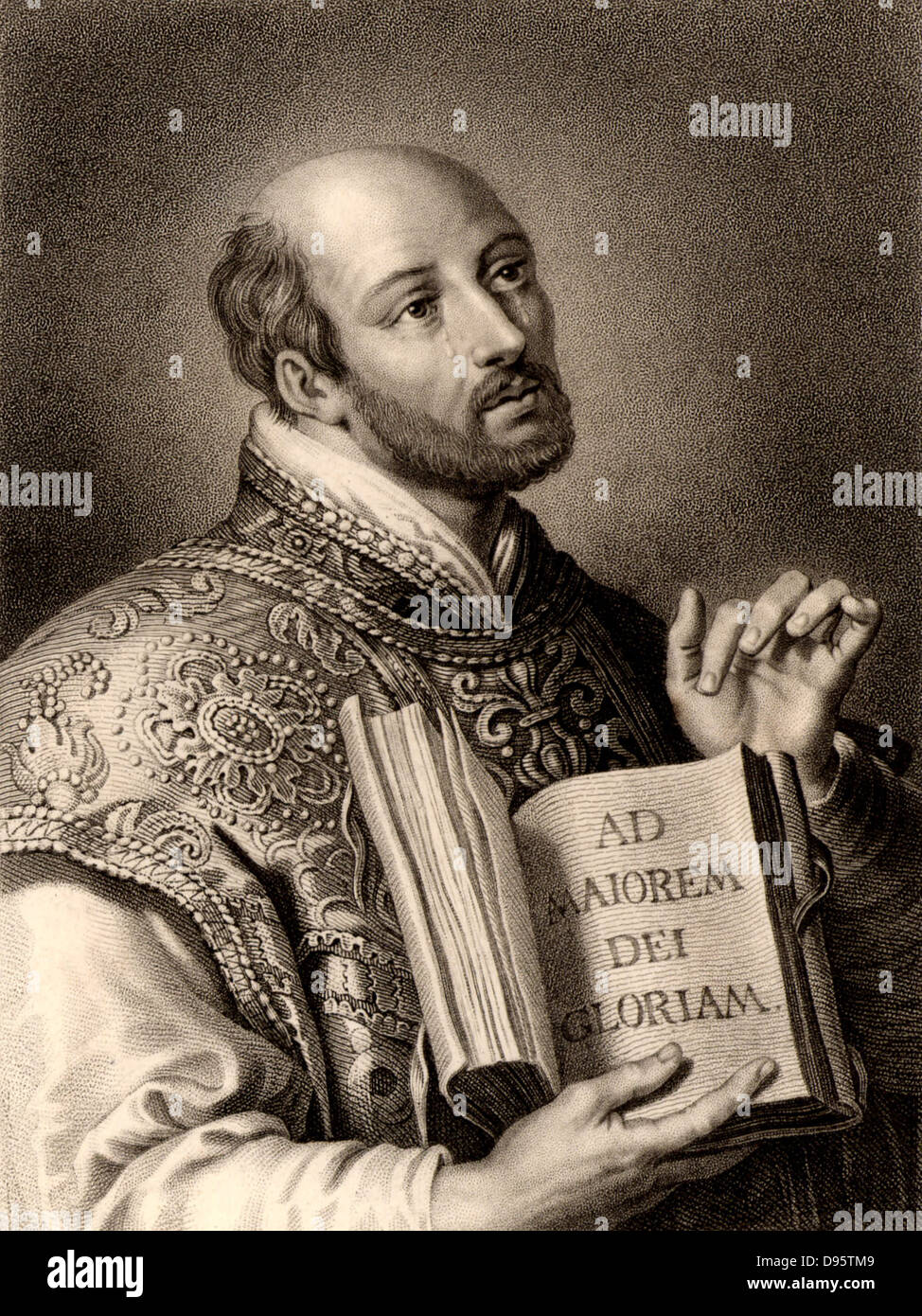 Ignatius Loyola, born Inigo Lopez de Recalde (1491-1556) Spanish soldier and, with St Francis Xavier (1506-1552) in 1534, one of the founders of the Society of Jesus, the Jesuits.  Engraving from 'The Gallery of Portraits' Vol. VII  by Charles Knight (London, 1837). Stock Photo