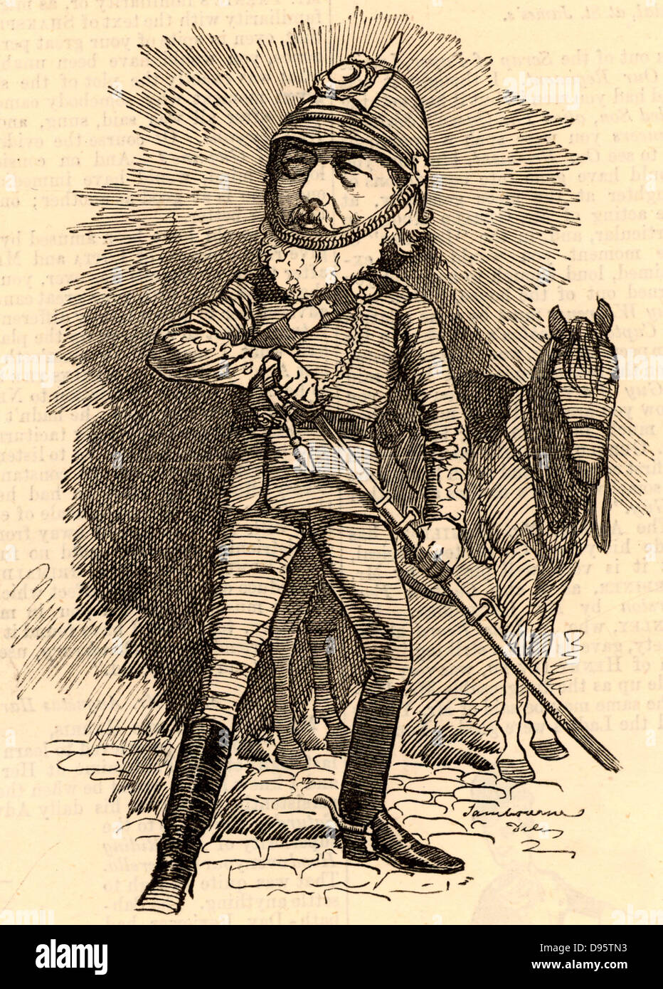 Frederick or Frederic, Lord Leighton (1830-1896) English painter and sculptor born at Scarborough, Yorkshire. President of the Royal Academy 1878-1896. Leighton in military uniform on his retirement as Colonel of the Artists' Rifles (Middlesex (Artists') Rifle Volunteer Corps). Cartoon by Edward Linley Sambourne in the Punch's Fancy Portraits series from 'Punch' (London, 16 February 1884). Stock Photo