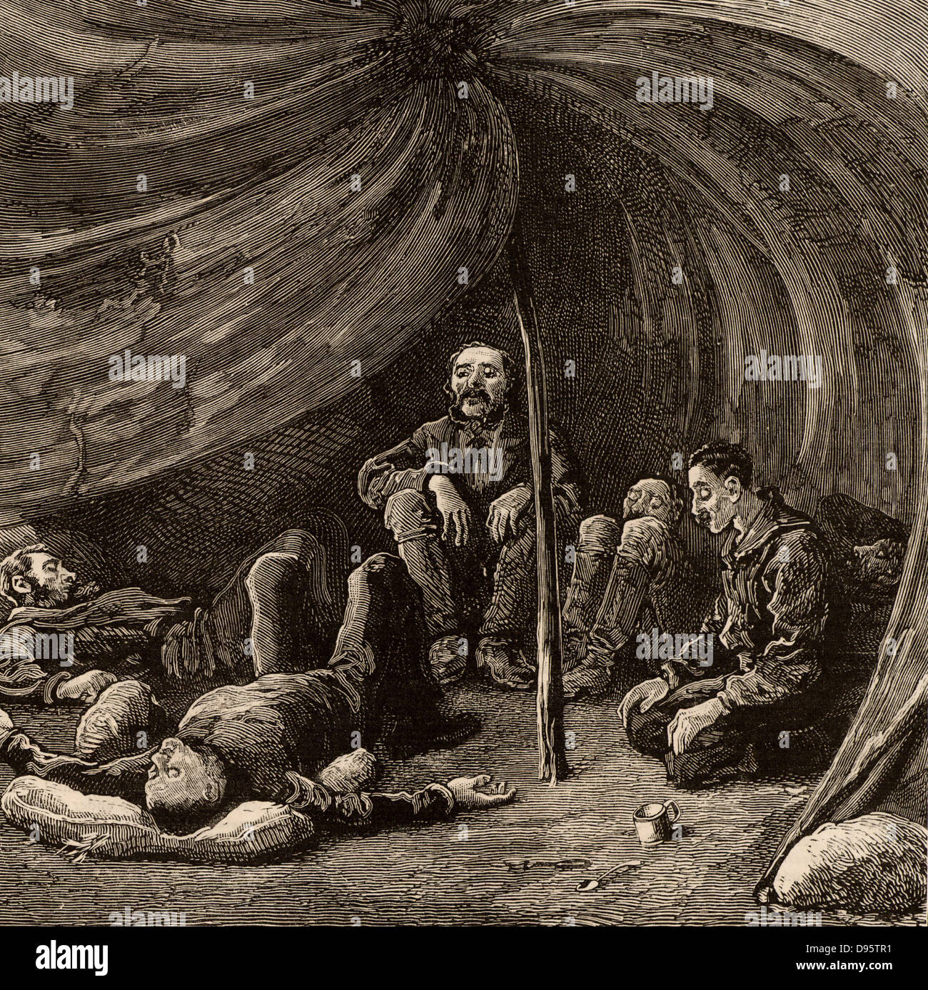 The scene inside Lieutenant Greely's tent when the relief party arrived on 22 June 1884. In 1881 Adolphus Washington Greely (1844-1935), American Arctic explorer, led the American expedition of 25 men to set up a meteorological station at Smith Sound as part of the first International Polar Year. In 1883 the relief boat failed to arrive and when the rescue party arrived in 1884 only six men survived. Engraving from 'The Graphic' (London, 1884). . Stock Photo