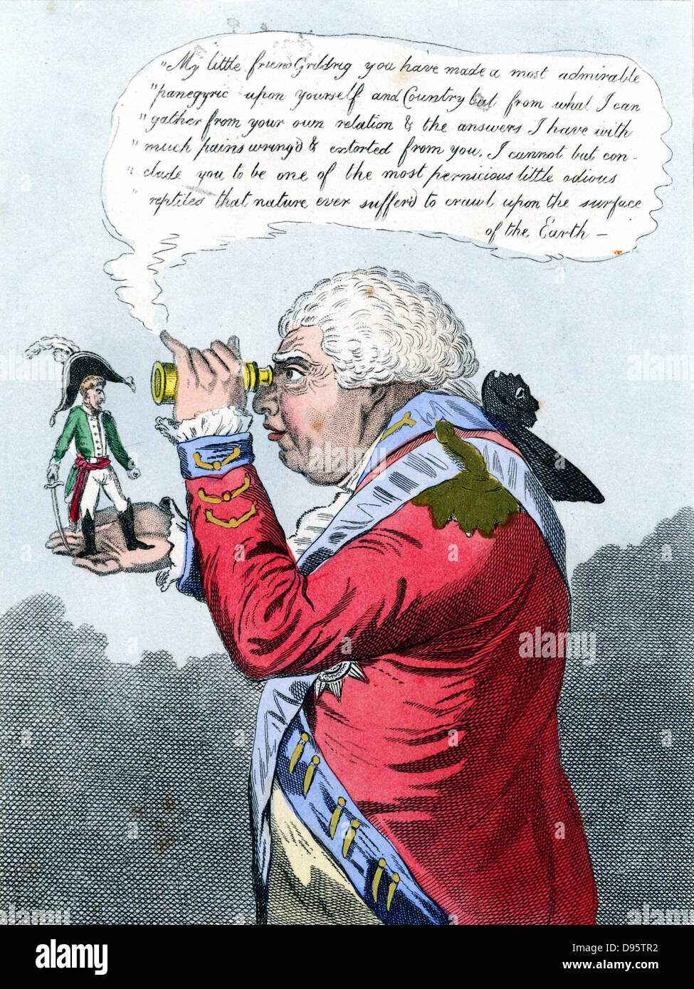 The King of Brobdingnag and Gulliver. James Gillray cartoon of July 1803 showing George III viewing a miniscule Napoleon. Hand-coloured engraving Stock Photo