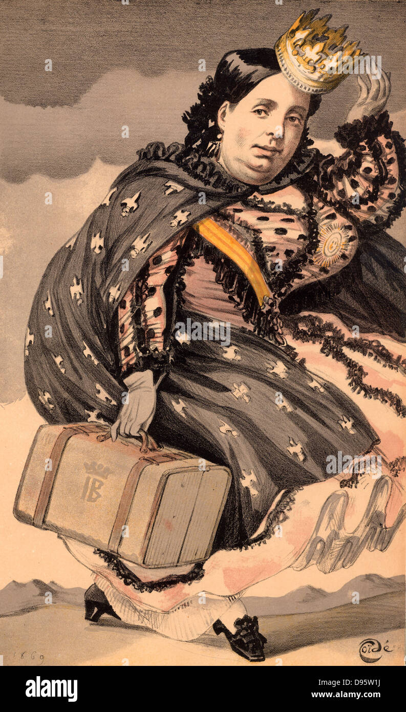 Isabella II (1830-1904) Queen of Spain (1833-1870).  Isabella, clutching her suitcase and trying to catch her falling crown, being blown out of Spain. The caption reads 'She has throughout her life been betrayed by those who should have been most faithful to her.' Cartoon by 'Coide' (JJ Tissot - 1836-1902) for 'Vanity Fair' (London, 18 September 1869).  Chromolithograph. Stock Photo