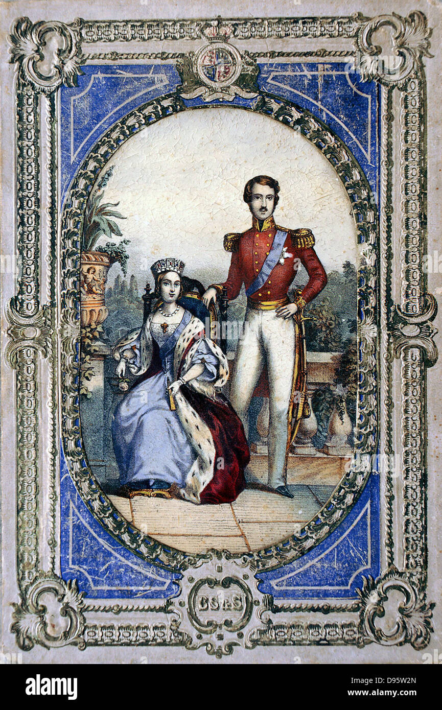Queen Victoria (1819-1900) crowned 28 June 1838. Shown here with Prince Albert as a youthful married couple both wearing the blue ribbon of the Order of the Garter. Coloured lithograph. Stock Photo
