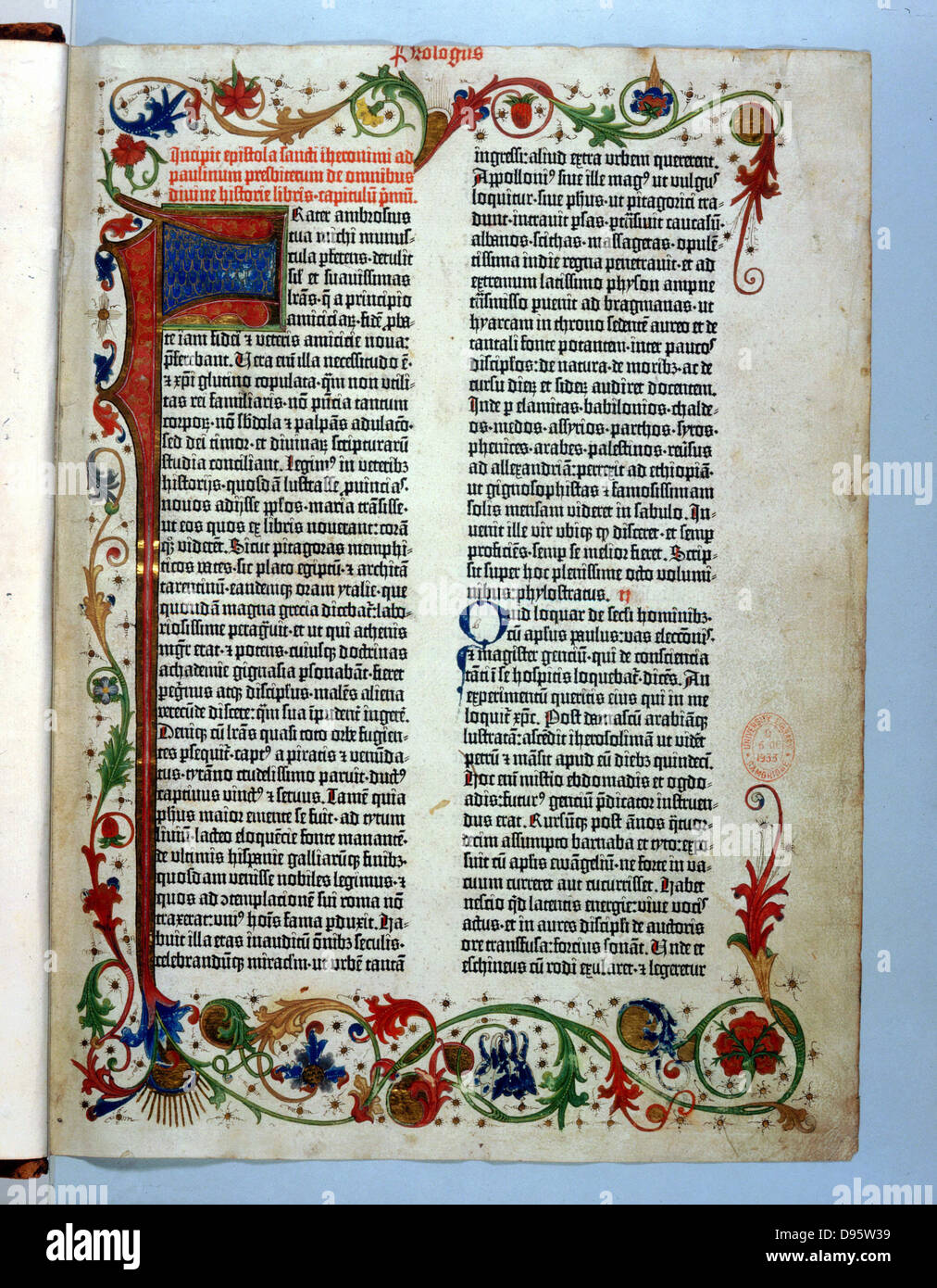 Page of 'Bible' printed by Gutenberg, 1456. Illuminated border typical of a manuscript. Stock Photo