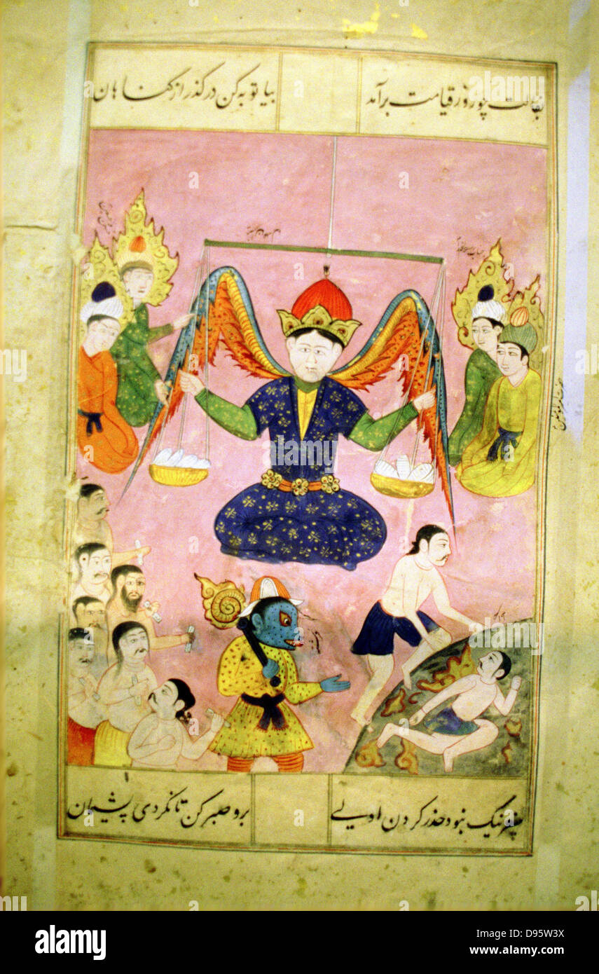 Arab manuscript depicting angel weighing a soul. Stock Photo