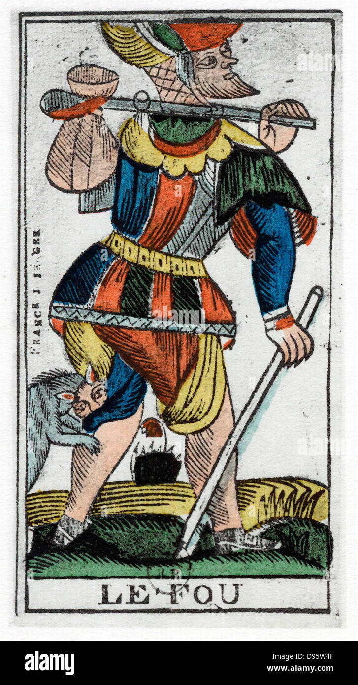 Tarot card of The Fool - Jergot Tarot, 17th century. Tarot pack of 22 cards was used in fortune telling. Stock Photo