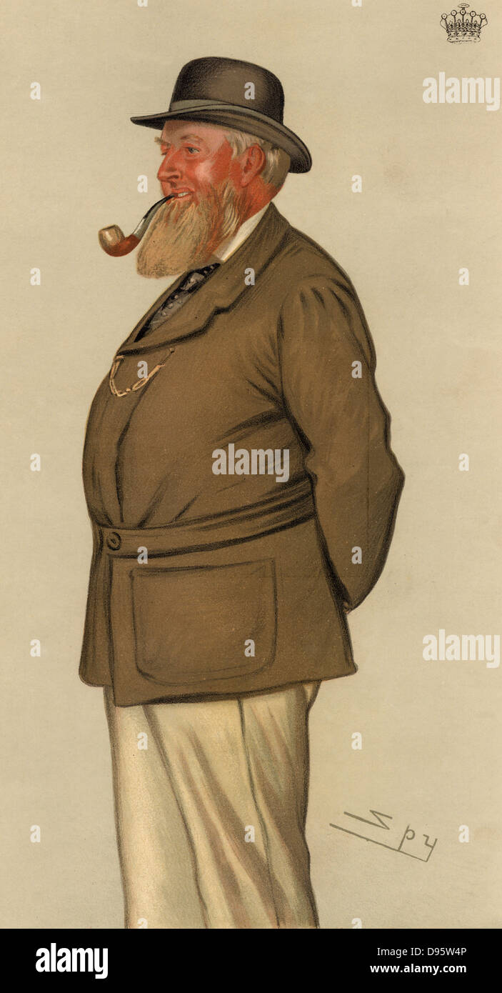 Thomas William Coke, 2nd Earl of Leicester (1822-1909) English landowner, agriculturist and countryman.  Inherited Holkham Hall, Norfolk, England, at the age of 20 and carried out a programme of improvements on the estate.   Cartoon by 'Spy' (Leslie Ward, 1851-1922) from 'Vanity Fair' (London, 4 August 1883).  Chromolithograph. Stock Photo