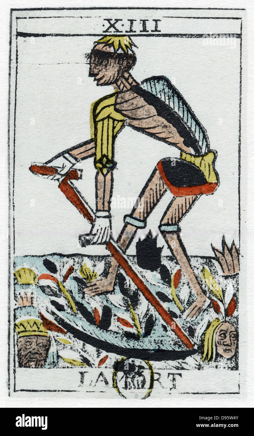 Tarot Card of Death, the grim reaper. Noblet tarot, 17th century. Tarot pack of 22 cards was used in fortune telling. Stock Photo