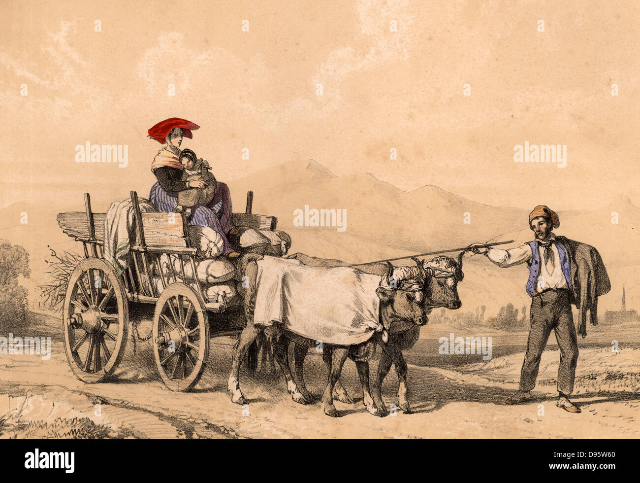 Woman and child in traditional dress riding on a cart full of sacks.  The cart is being pulled by two cows who are being gently prodded by the carter.  Near Tarbes in the French Pyrenees.  Tinted lithograph from 'Nouvelles Suite de Costumes des Pyrenees' (Paris, c1840). Stock Photo