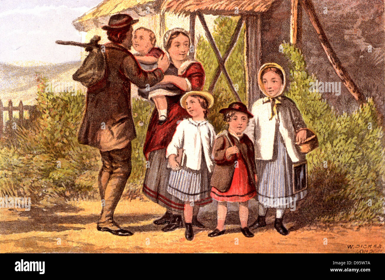 Monday Morning: father going to work with food tied up in a cloth, saying goodbye to his family. The three older children leave for school.  The girl on the right has her writing slate hanging from her waist.  From 'Household Pictures for Home and School'. Chromolithograph c1890. Stock Photo