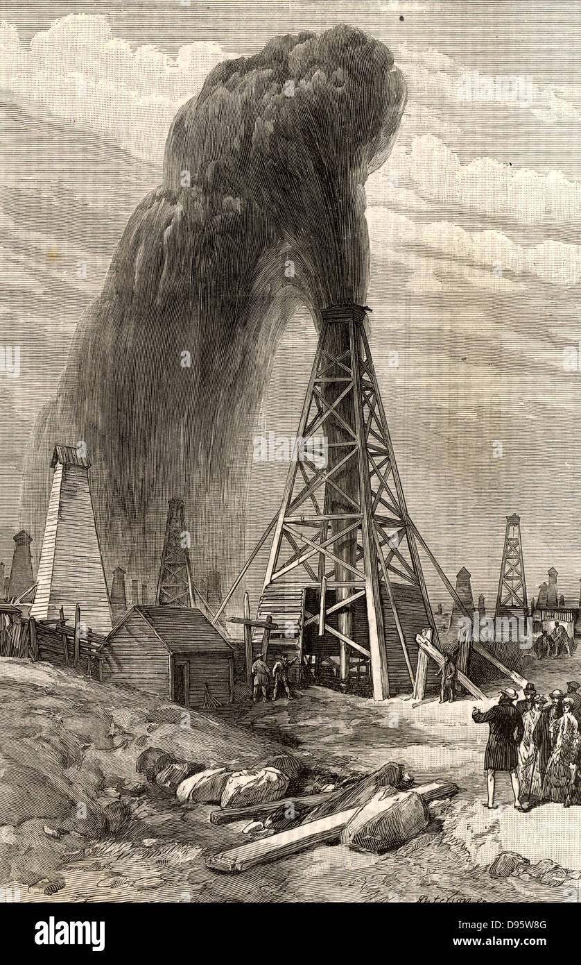 Baku oilfields in South Western Azerbaijan.  A 'gusher' spouting out a fountain of oil before it has been brought under control.  Engraving from 'The Illustrated London News' (London, 12 June 1886). Stock Photo
