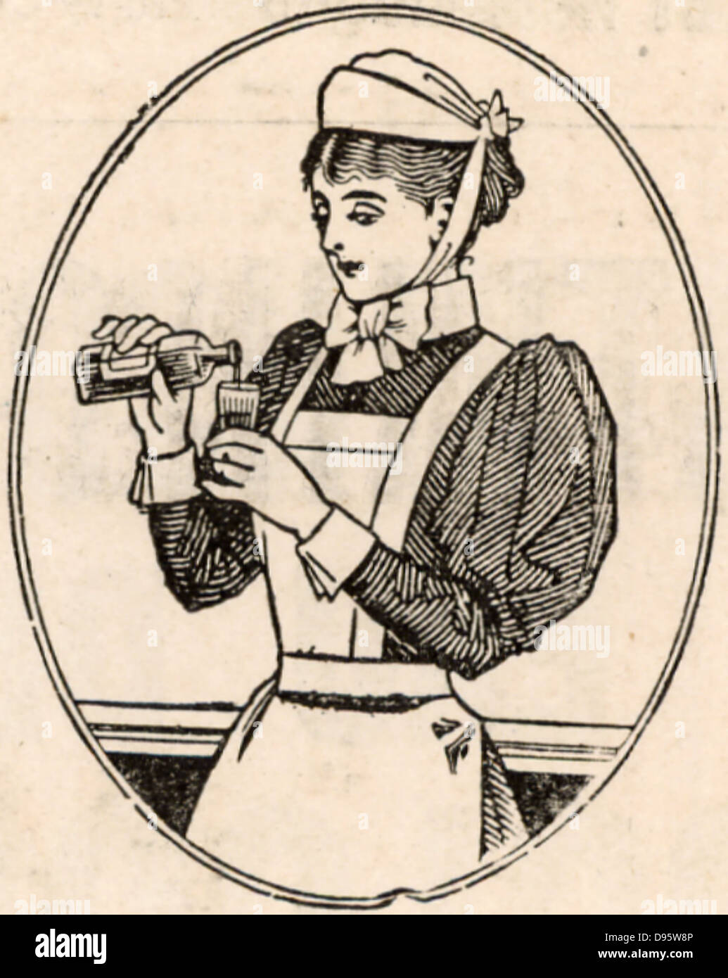 A hospital nurse pouring out a dose of medicine into a measuring glass.  Her uniform of blouse with leg-of-mutton sleeves, starched apron, bonnet and cuffs, is typical of that worn by nurses from the last quarter of the nineteenth century until the 1960s. Stock Photo