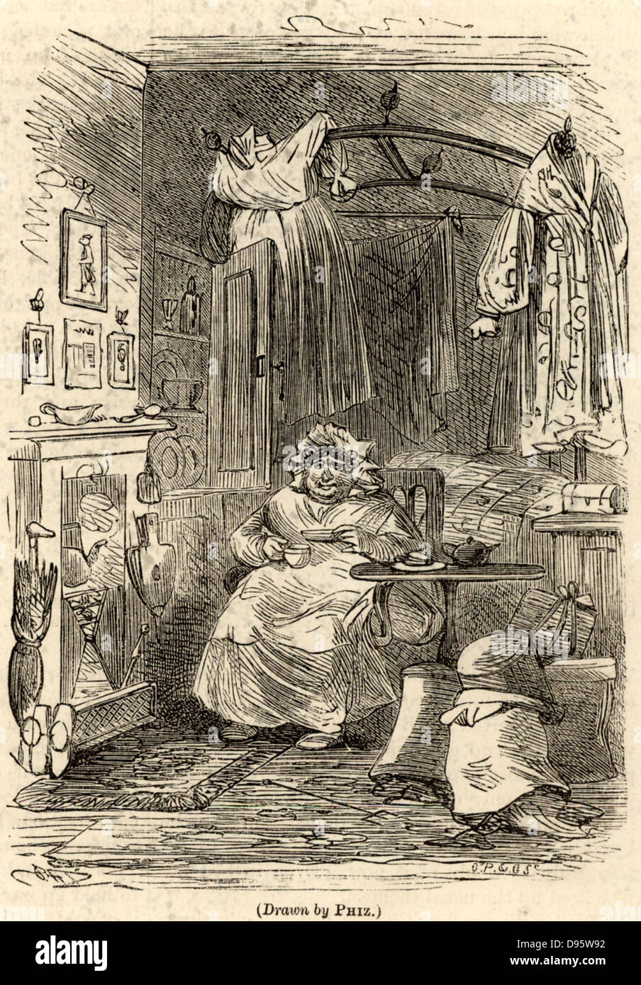 Sarah Gamp, a character from the novel  'Martin Chuzzlelwit' by Charles Dickens (1843-1844) drinking tea in her bed-sitting room. The name Gamp for an umbrella comes from her, and her umbrella is beside the fire. It is also a term for a midwife, which was one of her callings. Illustration by 'Phiz' (Hablot Knight Brown 1815-1892). Stock Photo