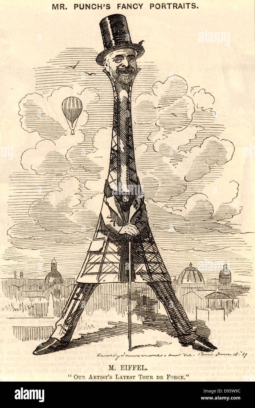 (Alexandre) Gustave Eiffel (1832-1923) French civil engineer.   Cartoon by Edward Linley Sambourne in the Punch's Fancy Portraits series from 'Punch' (London, 29 June 1889) celebrating the building of the Eiffel Tower and the opening of the Exposition Universelle in Paris, France, on 6 May 1889. Stock Photo