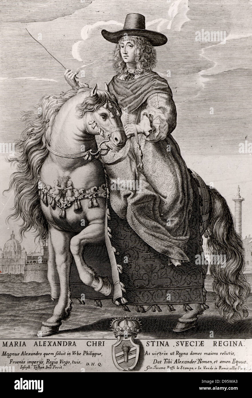 Queen Christina of Sweden (1626-1689). Succeeded to the throne in 1632. Abdicated in 1654 so that she could practice her Roman Catholic faith to which she had converted, Sweden being a Protestant country.  Engraving of Christina on horseback in Rome under her new name, Maria Christina Alexandra. Stock Photo