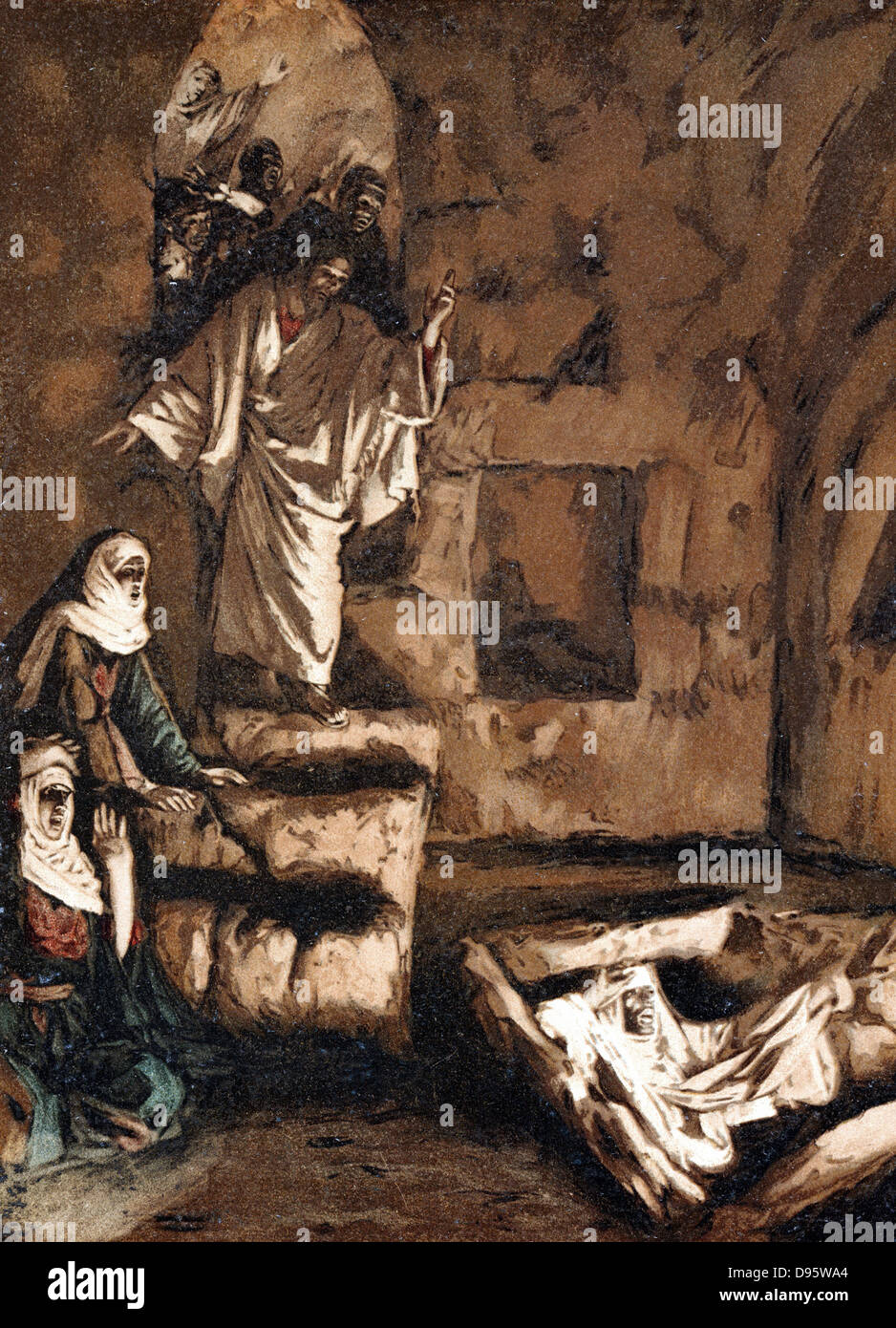 Jesus raising Lazarus from the tomb. Illustration by JJ Tissot for his 'Life of Our Saviour Jesus Christ' 1897. Oleograph Stock Photo