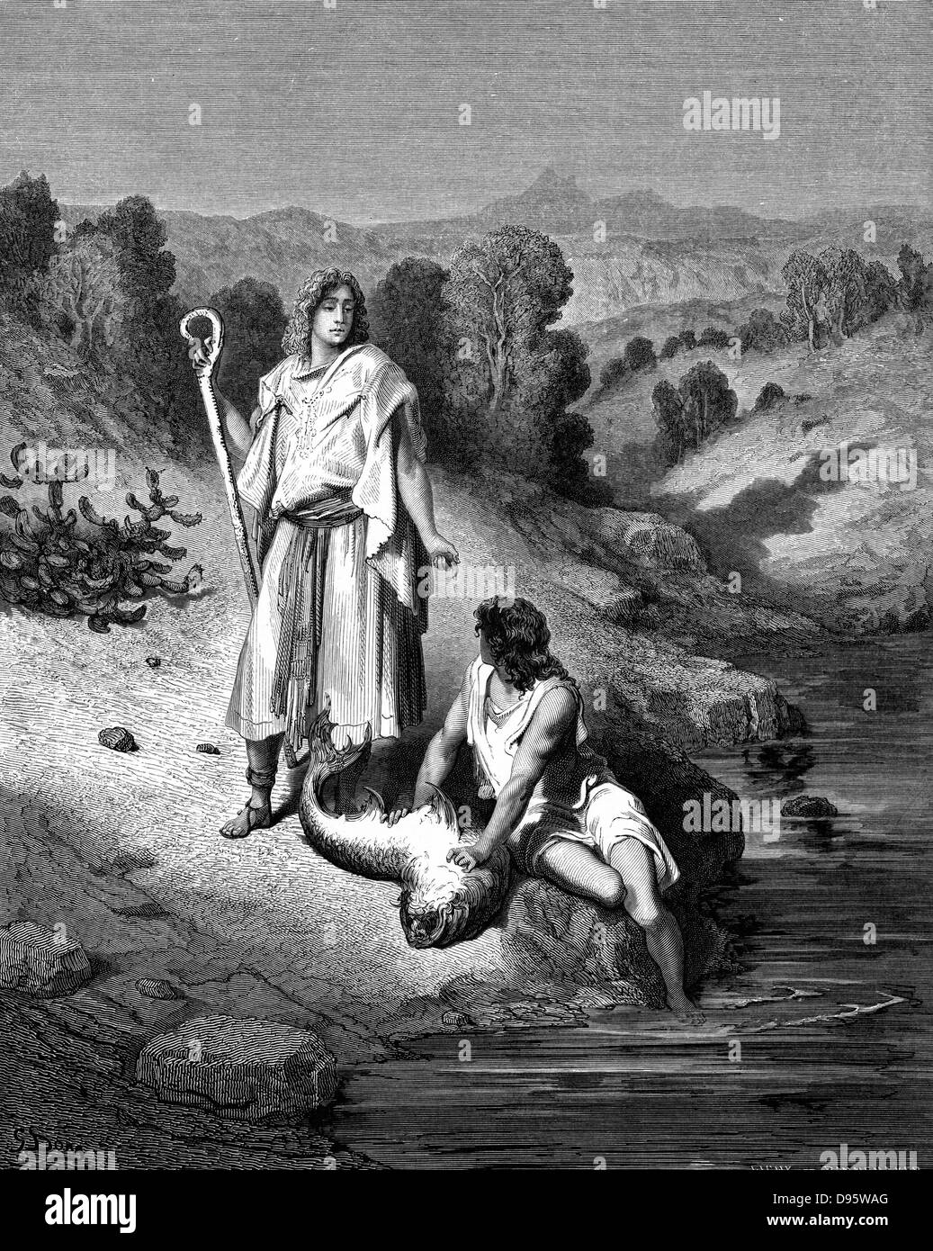 Tobias with Archangel Raphael who helped him catch fish which would miraculously cure his father's eyesight. Tobias 6.6. Plate from Gustave Dore's 'Bible' 1865-6 Wood engraving. Stock Photo
