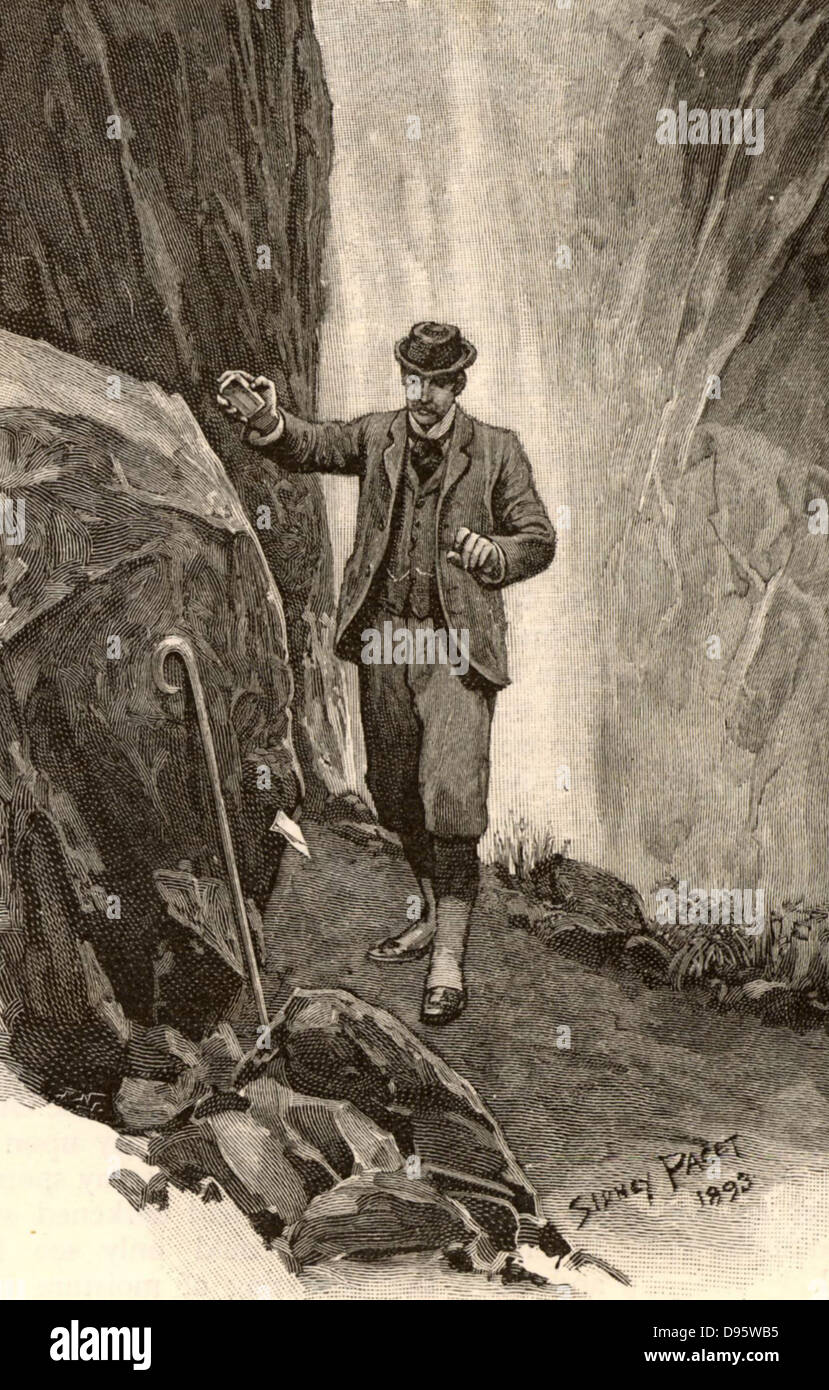 The Adventure of the Final Problem'. Watson, returning to the Reichenbach Falls, finds the Alpen-stock belonging to Sherlock Holmes, together with his farewell note.  Illustration by Sidney E Paget (1860-1908) for 'The Adventures of Sherlock Holmes'  by Arthur Conan Doyle in 'The Strand Magazine' (London, 1893).  Paget was the first artist to draw  Holmes. Stock Photo