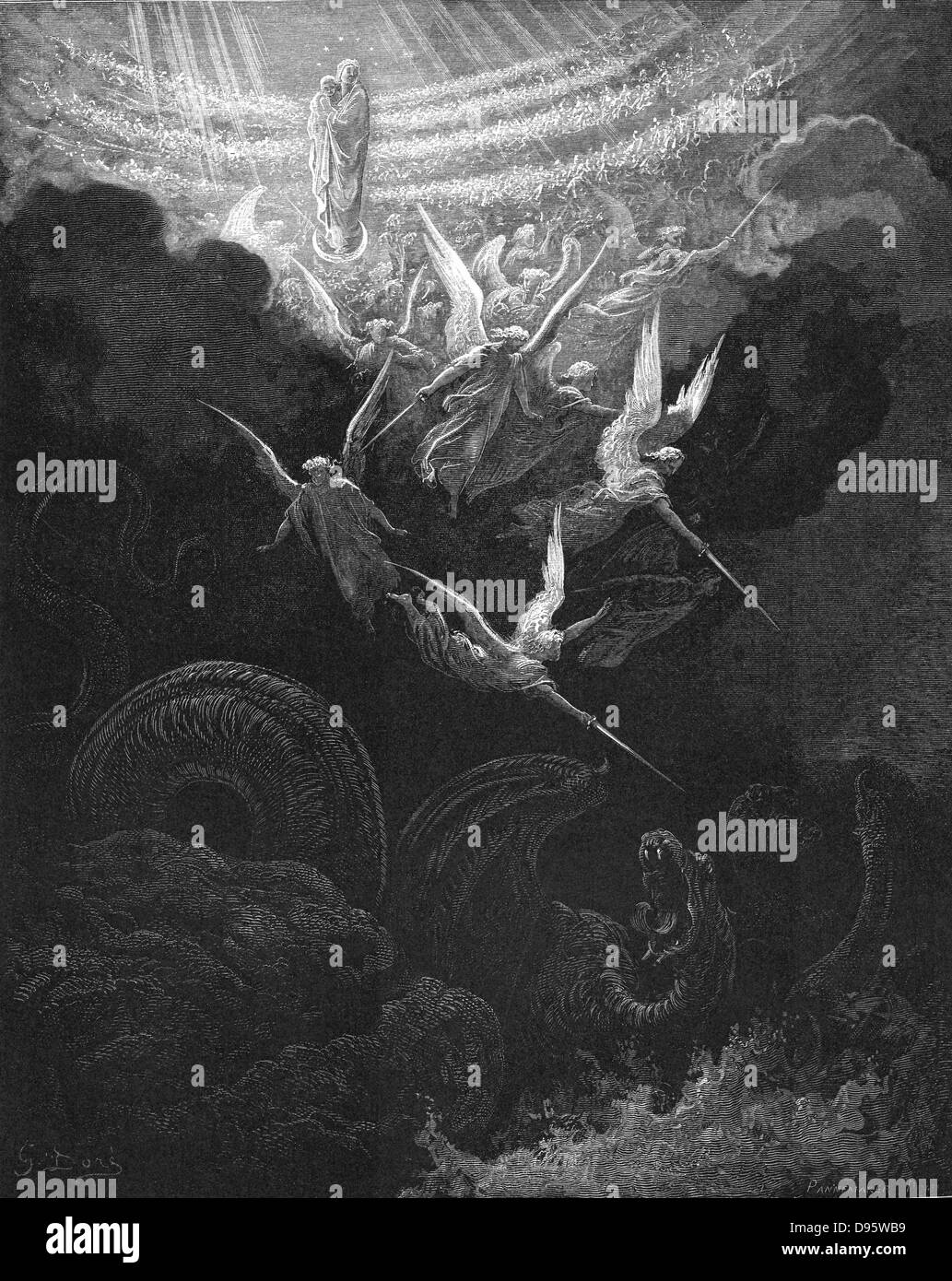 Archangel Michael and his angels fighting the dragon. Virgin Mary with infant Jesus in arms looks down from Heaven.  Revelation 12:1. From Gustave Dore 'Bible' 1865-1866. Wood engraving. Stock Photo