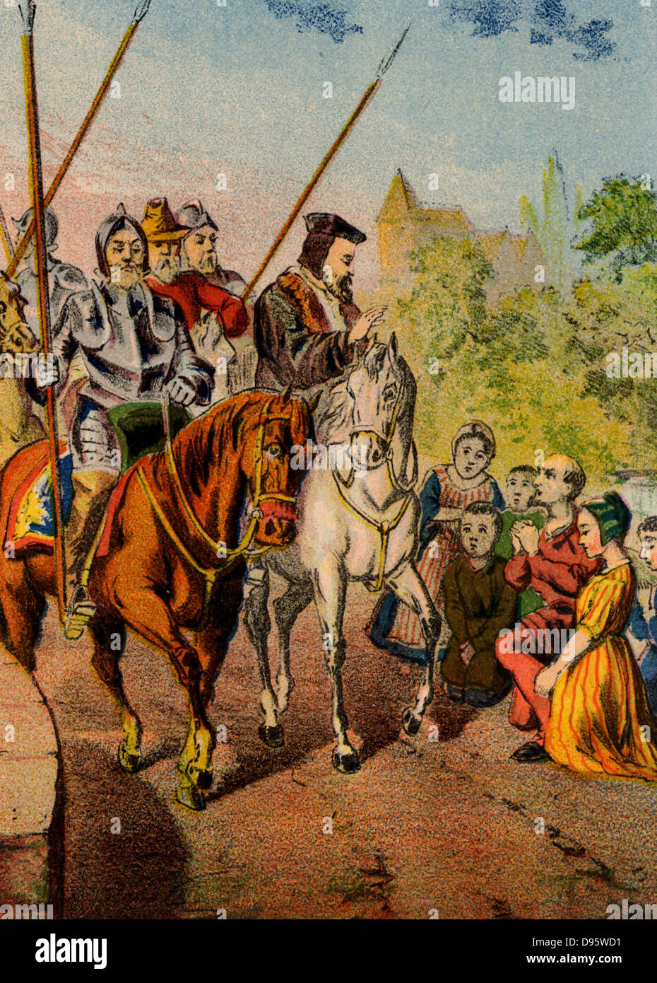 Dr Rowland Taylor (d1555) English Protestant martyr. Taylor, vicar of Hadley, Essex, arriving in the town under armed guard to await execution by burning at the stake, a victim of the persecution of Protestants under the Roman Catholic queen Mary I. Chromolithograph from a mid-19th century edition of  'Foxe's Book of Martyrs'. Stock Photo