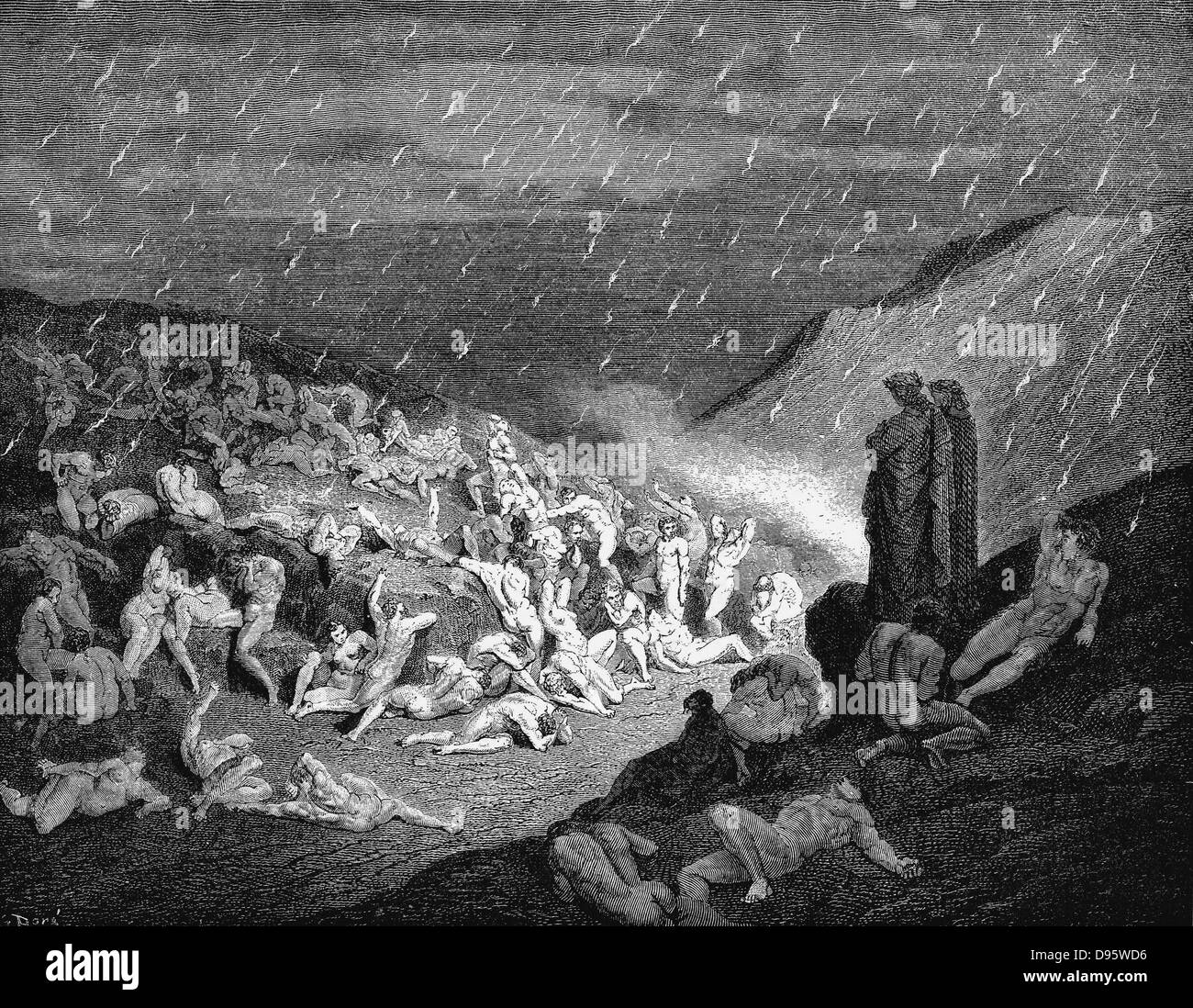 Dante Alighieri 'Inferno', first part of his 'Divina Commedia' (Divine Comedy) 1863. Canto XIV: Third compartment of the seventh circle where three kinds of violence punished; against God, against Nature and against Art. 'Unceasing was the play of wretched hands,/ Now this, now that way glancing to shake off/The heat, still falling fresh'. Virgil and Dante look down upon souls in torment. From 1863 edition illustrated by Gustave Dore. Wood engraving. Stock Photo