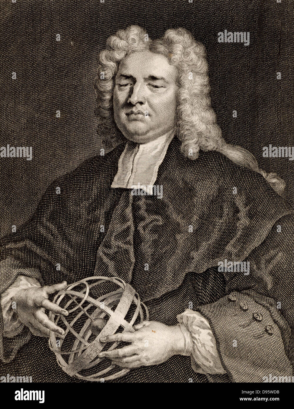Nicholas Saunderson (1682-1739), English mathematician. Saunderson lost his sight to Smallpox when he was an infant.  He became Lucasian professor of mathematics at Cambridge. He is holding an armillary sphere.  Engraving by Gerard van der Gucht (c1696-1776) after the portrait painted by Vanderbank in 1718. Stock Photo