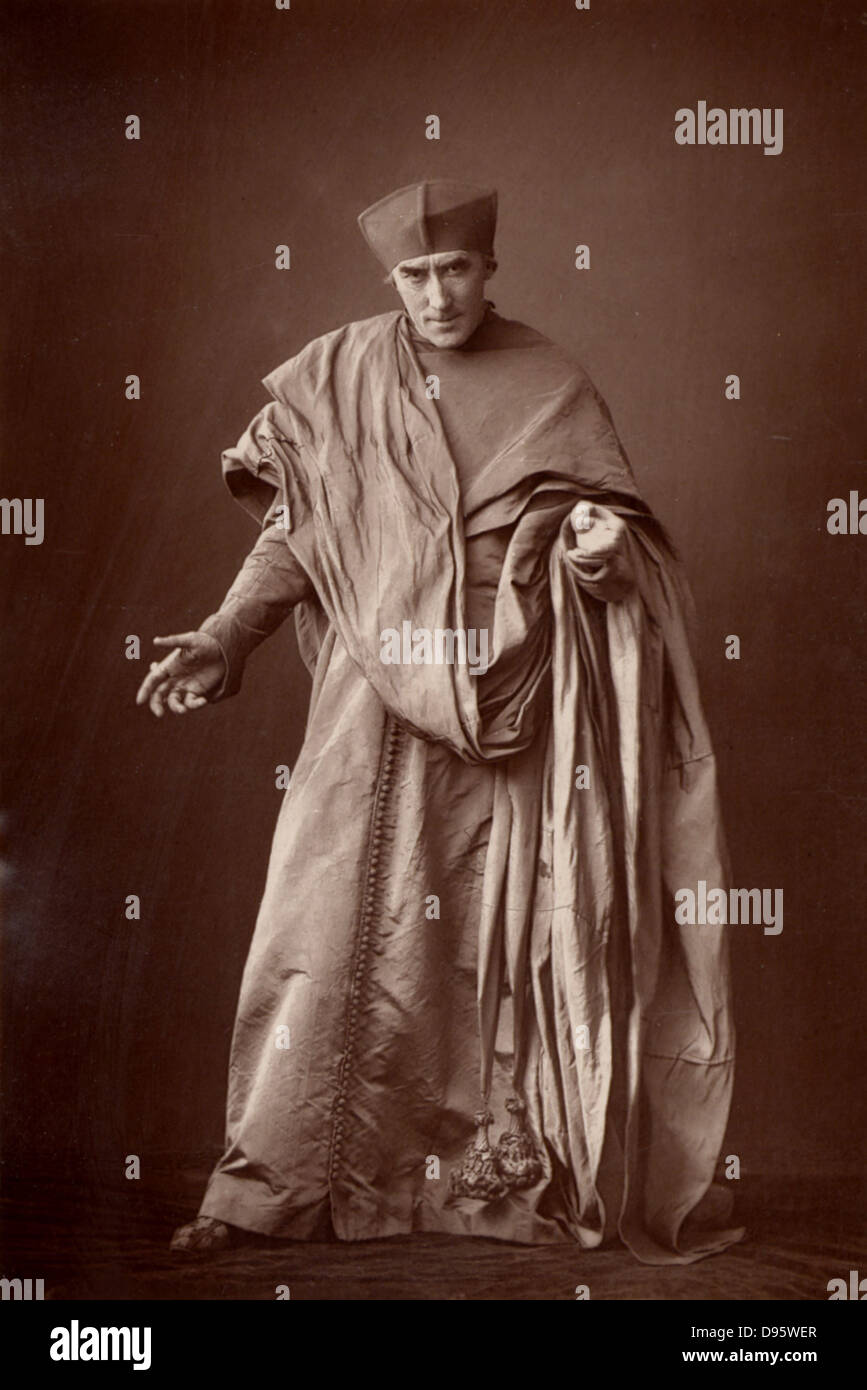 Henry Irving (1838-1905) English actor-manager, the first actor to be honoured with a knighthood (1895). Irving as Cardinal Wolsey in the play 'Henry VIII' by William Shakespeare.  From 'The Cabinet Portrait Gallery' (London, 1890-1894).  Woodburytype after photograph by W & D Downey. Stock Photo