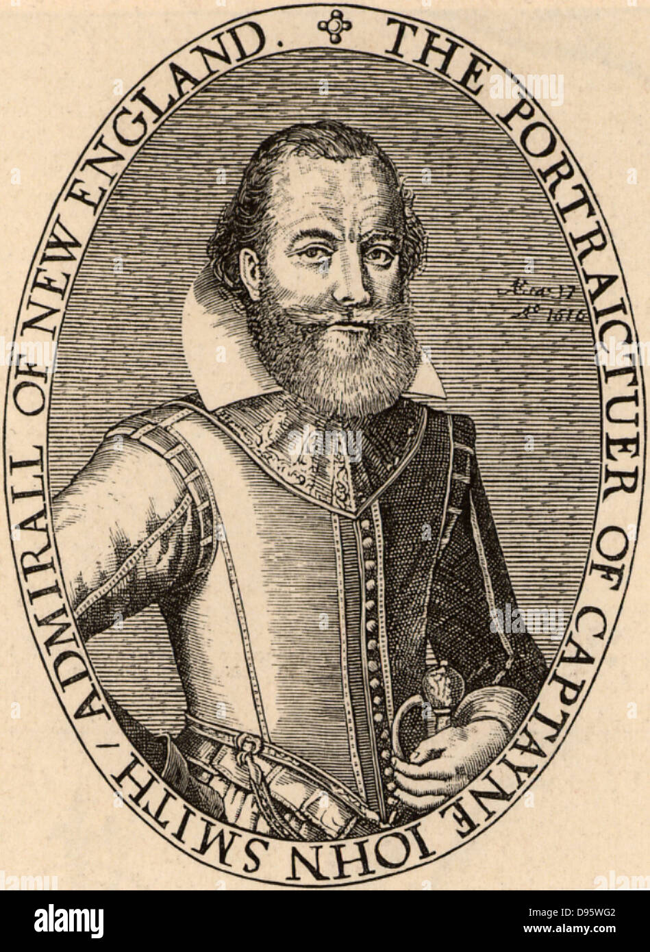 John Smith (1580-1631) English colonist and adventurer who sailed for Virginia in 1606. Based at Jamestown, he mapped Virginia.  Taken prisoner by the Native American chief Powhatan, according to legend his life was saved by Powhatan's daughter Pocahontas (c1595-1617). Portrait engraving from his map of Virginia (1612). Stock Photo
