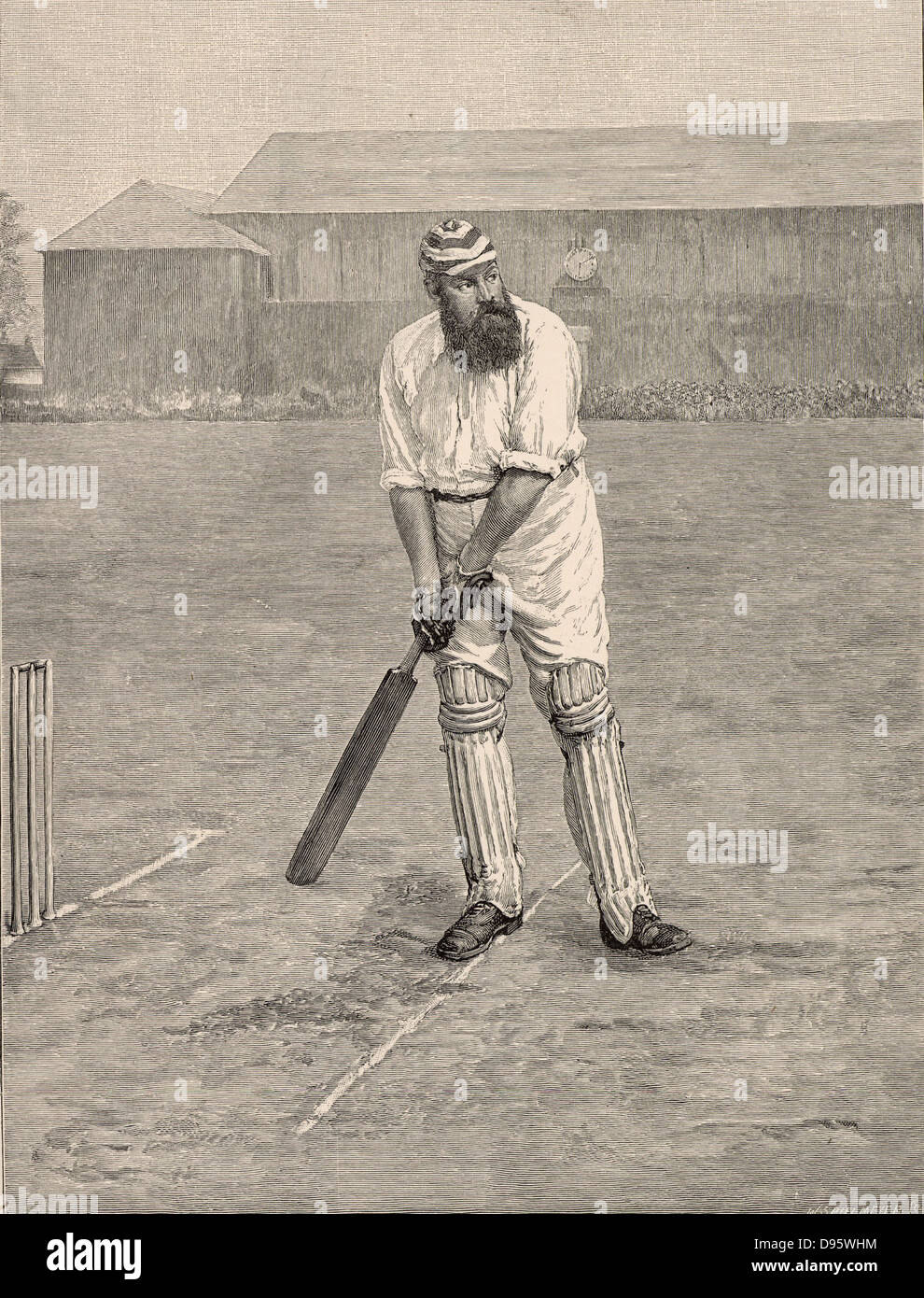 William Gilbert ('W G') Grace (1848-1915) English first-class cricketer and physician, born at Downend near Bristol.  Grace at the crease ready to receive a ball from the bowler.  His career lasted from 1864-1908.  Engraving from 'The English Illustrated Magazine' (London, 1890). Stock Photo